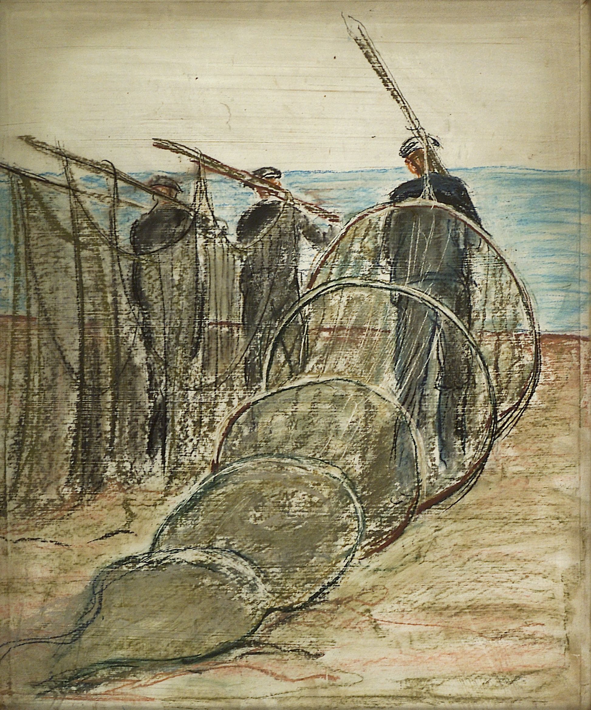 2343 AH autor Ignacy Pinkas, Rybacy niosący sieci, 1933, pastel dykta, 63x51, fot