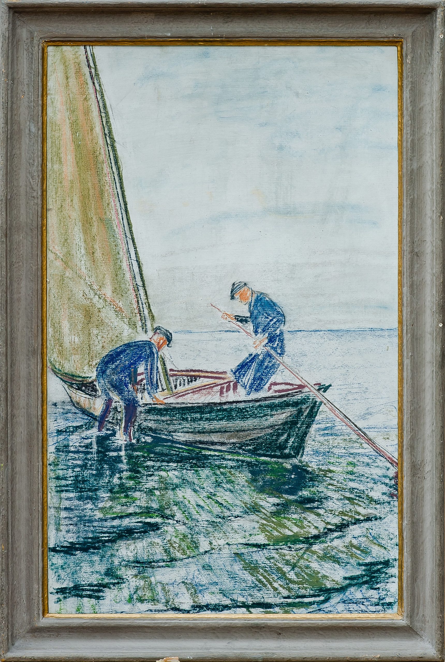 2344 AH autor Ignacy Pinkas, Rybacy przy łódce z żaglami, 1933, pastele dykta, 70x40, fot. MSz