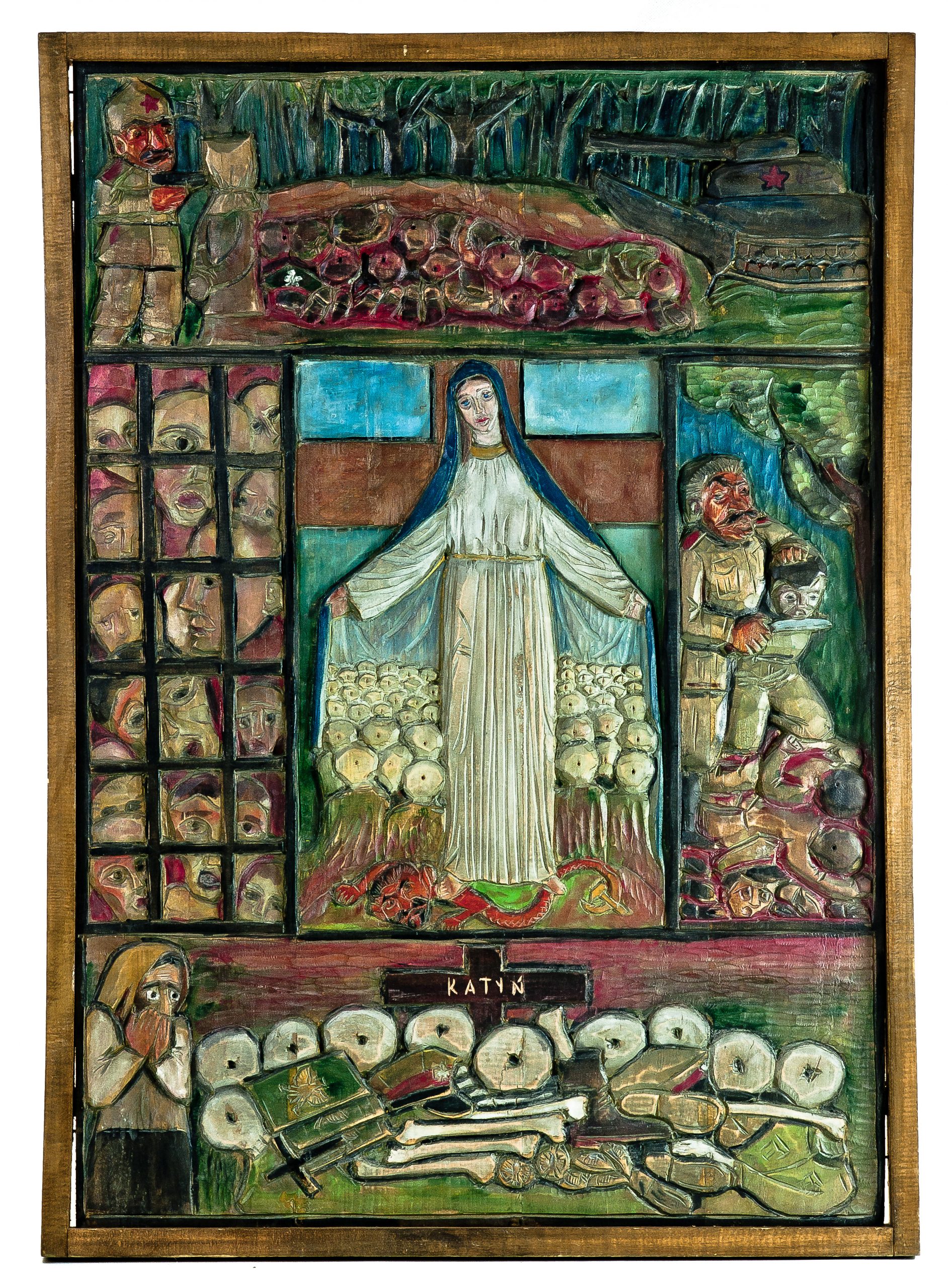 2358 etnografia - katyń, płaskorzeźba w drewnie, autorstwa antoniego bolka z załęża, 1985 r., wys. 83,8, cm, szer. 60,3 cm, gł. 3,8 cm