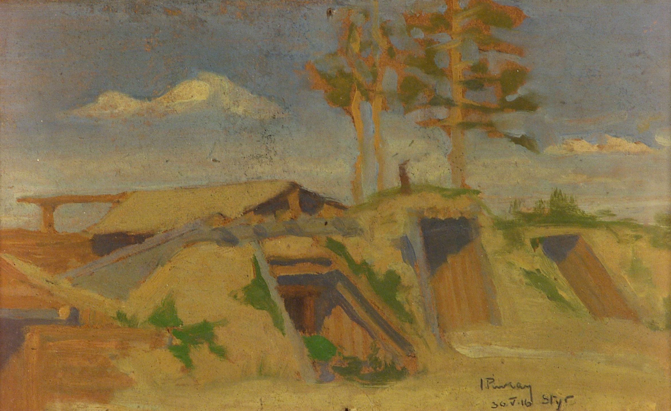 2384 AH autor Ignacy Pinkas, Ziemianki nad Styrem, 1916, olej płótno, 25x16, fot