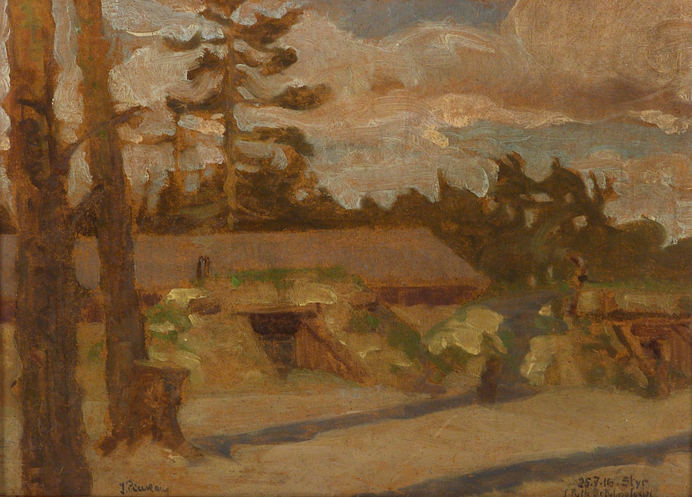 2386 AH autor Ignacy Pinkas, Okopy artylerii nad Styrem, 1916, olej dykta, 34x25, fot