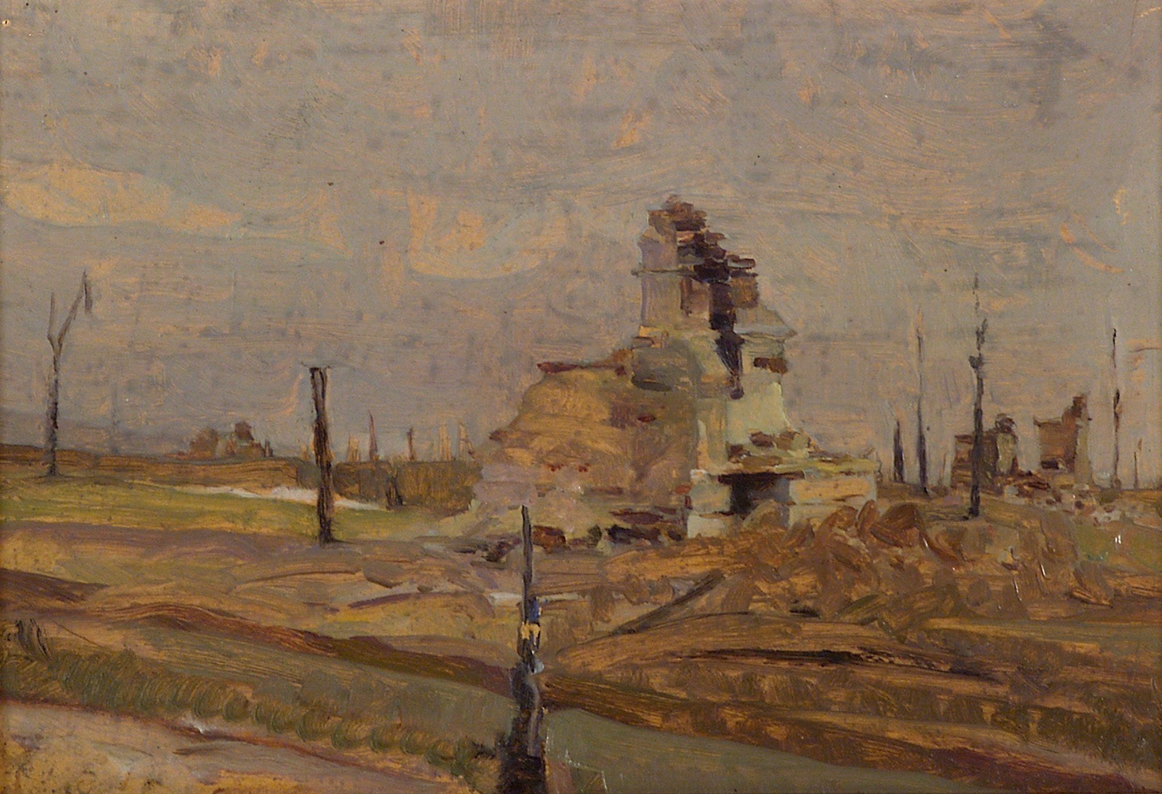 2387 AH autor Ignacy Pinkas Zgliszcza wojny, olej dykta, 34x23, fot