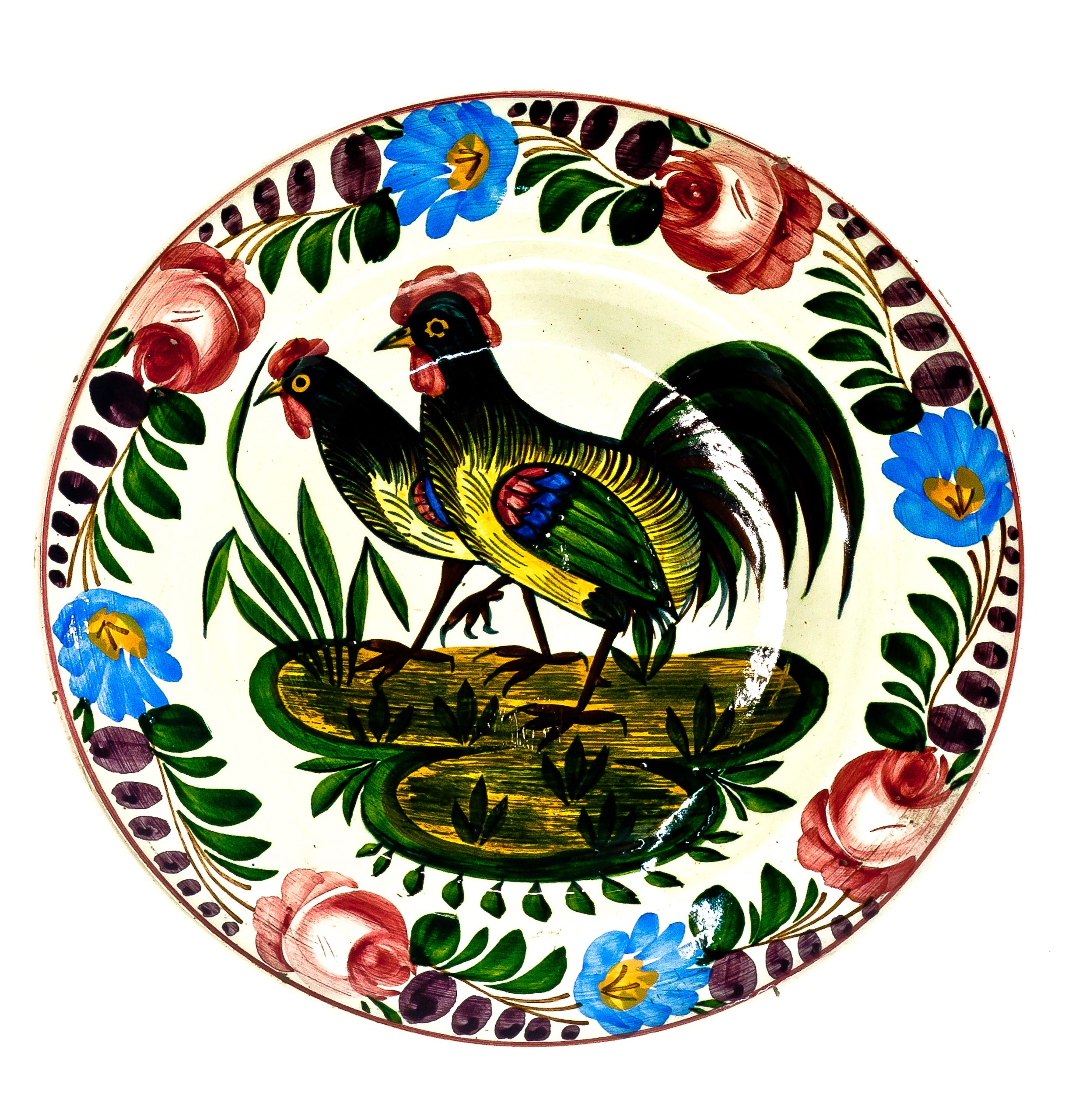 2395 etnografia - talerz dekoracyjny, fajans ręcznie malowany, miskolcz (węgry), sprzed 1945 r., śred. 29,2 cm, wys. 3,5 cm, talerz pochodzi z kolekcji stanisława kadyiego