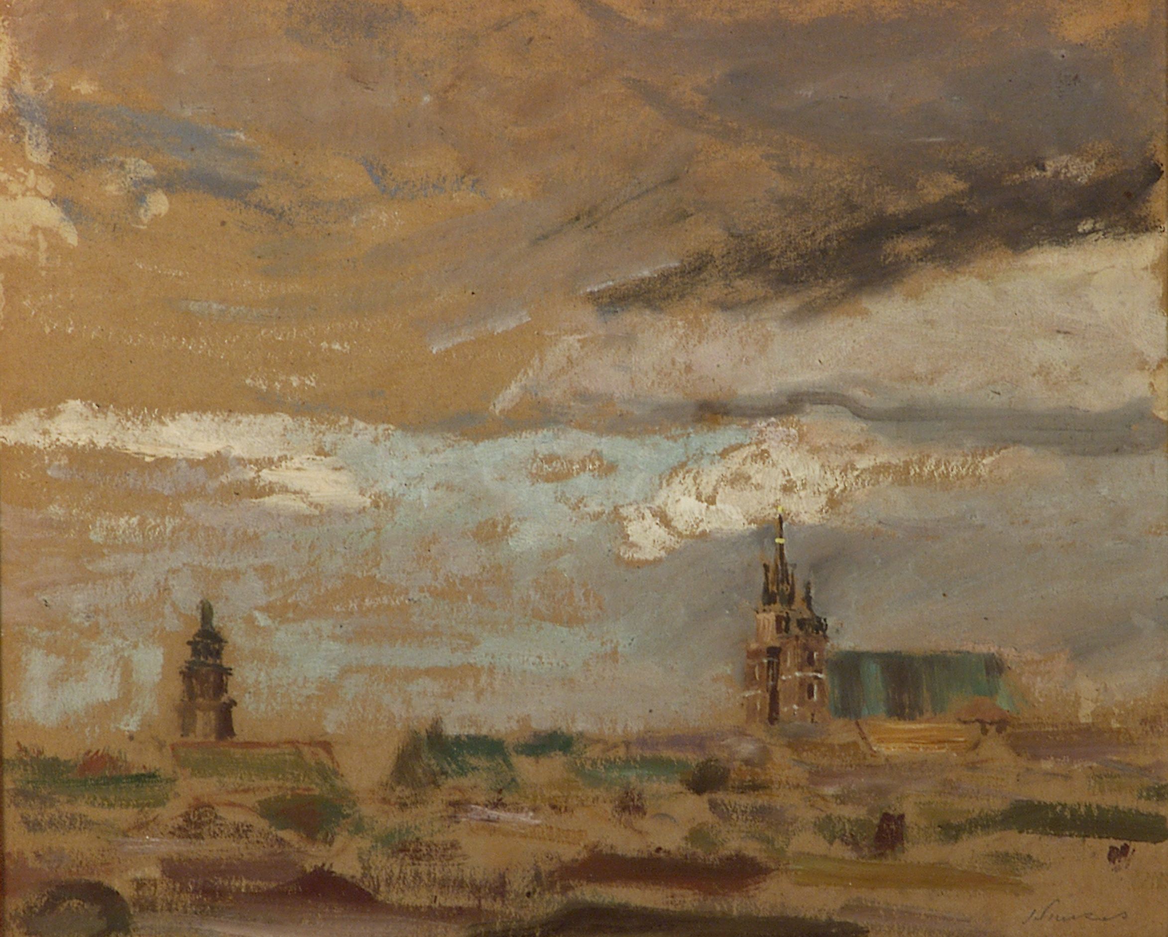 2404 AH autor Ignacy Pinkas, Widok na Kościół Mariacki ponad dachami miasta, olej dykta, 42x40, fot