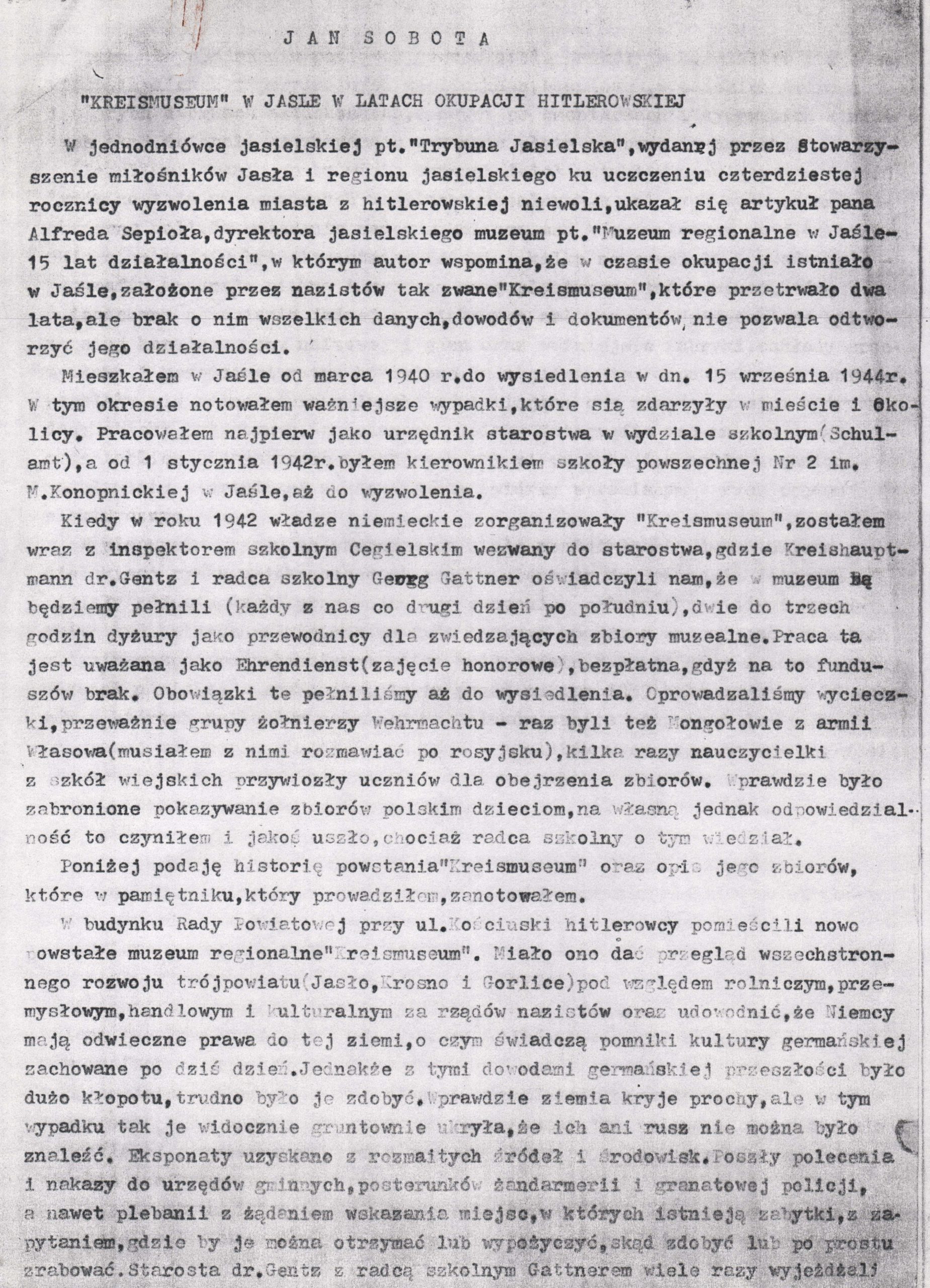 2437 ahsid – kopia artykułu jana soboty „kreismuseum w jaśle w latach okupacji hitlerowskiej”