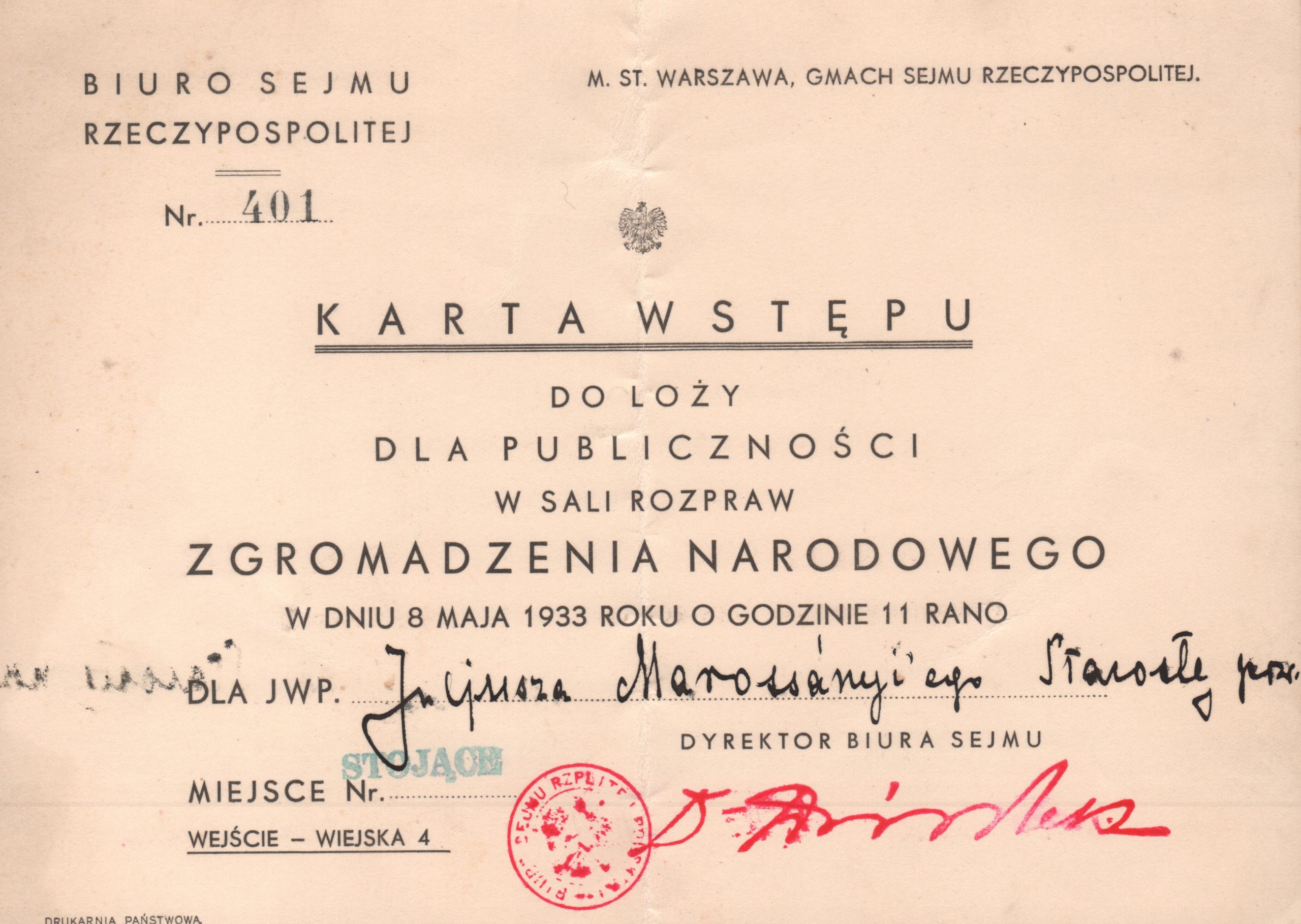 2492 ahsid – karta wstępu dla juliusza marossáy-niego, starosty jasielskiego, na salę posiedzeń zgromadzenia narodowego z okazji wyborów prezydent
