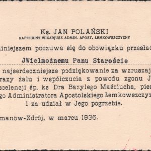 2495 ahsid – podziękowanie dla starosty juliusza marossáyniego za złożone kondolencje z powodu śmierci administratora apostolskiego Łemkowszczyzny