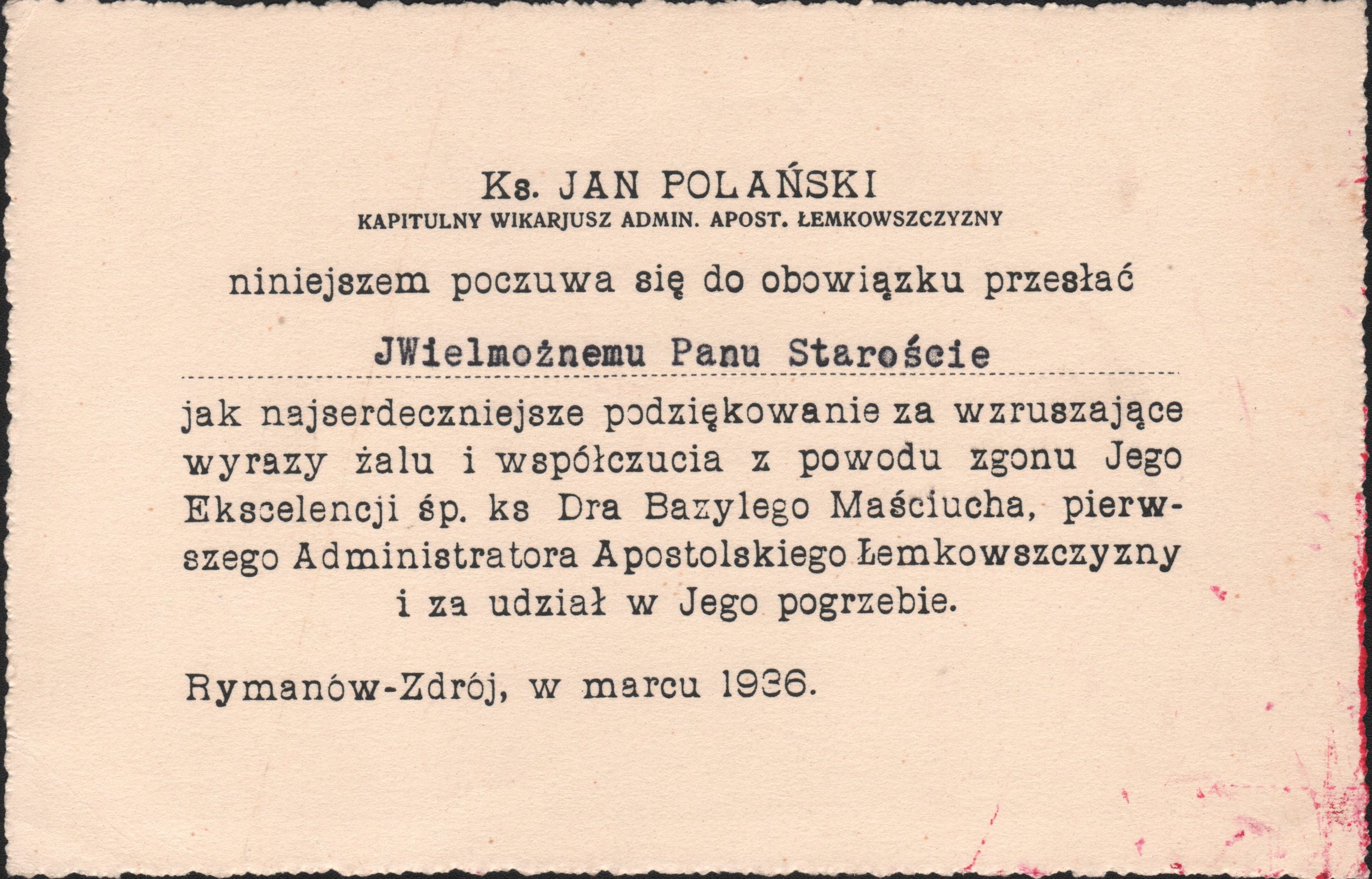 2495 ahsid – podziękowanie dla starosty juliusza marossáyniego za złożone kondolencje z powodu śmierci administratora apostolskiego Łemkowszczyzny