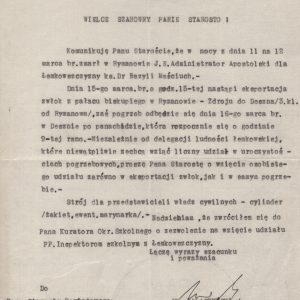 2496 ahsid – pismo wicewojewody krakowskiego piotra małaszyńskiego do starosty jasielskiego juliusza marosániego informujące o śmierci i pogrzebie administratora apostolskiego dla Łemkowszczyzny ks. dr bazylego maściucha.