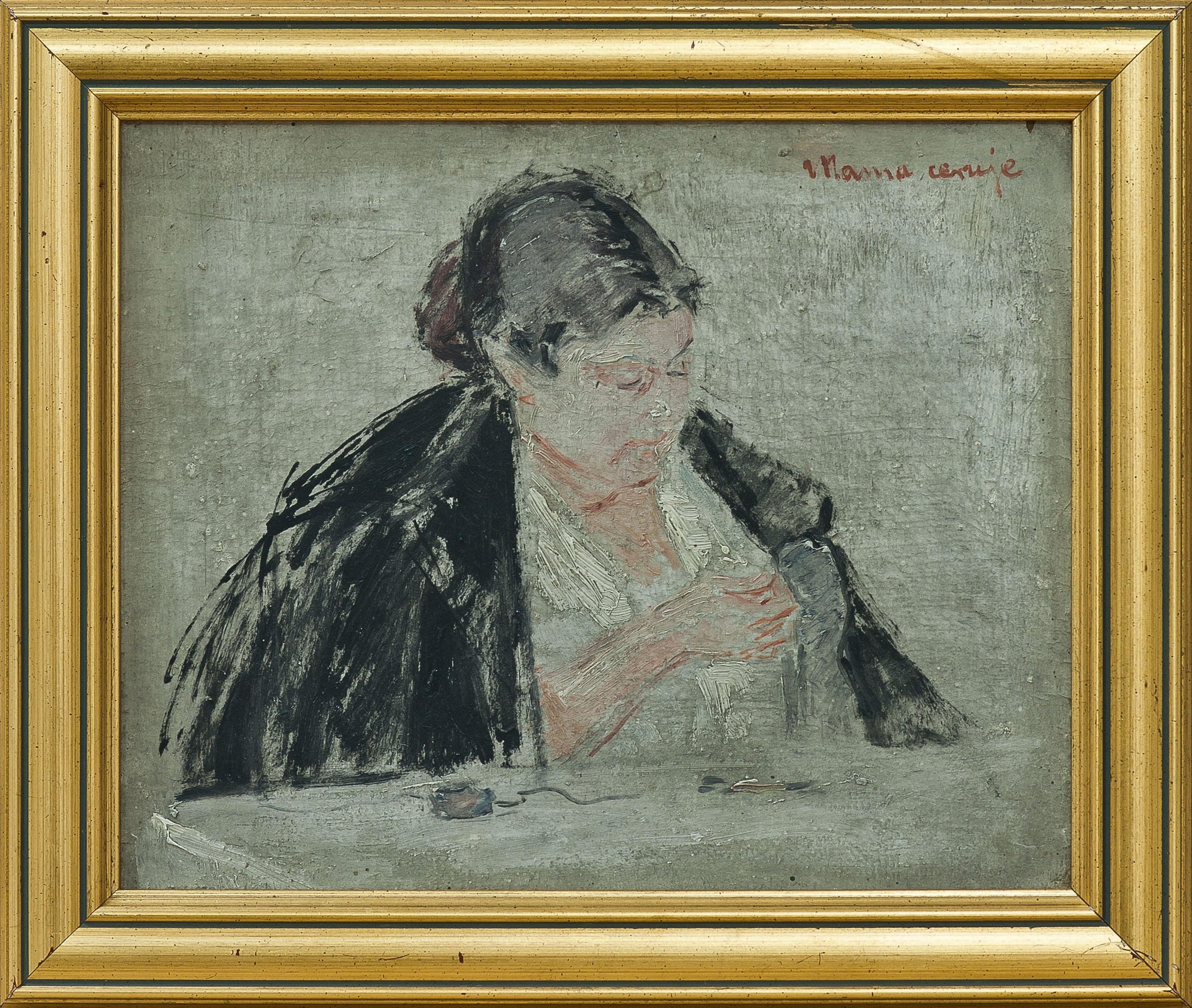 2505 AH autor Ignacy Pinkas, Portret żony artysty Mama ceruje, olej dykta, 22x27, fot. MSz