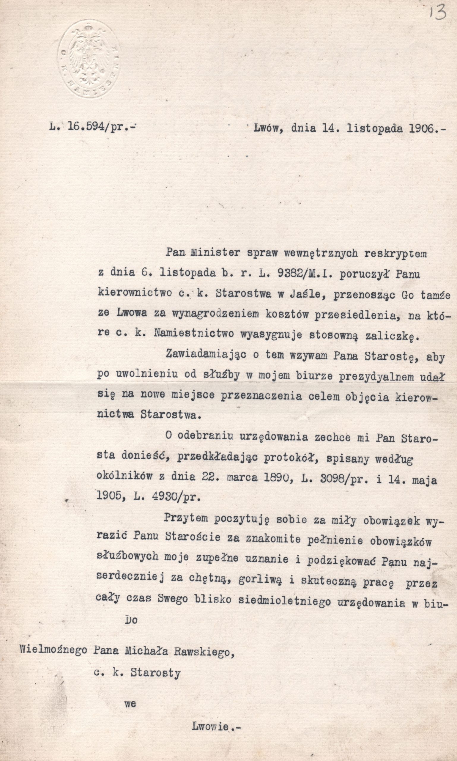 2520 ahsid – nominacja michała rawskiego na starostę jasielskiego, 1906 r.