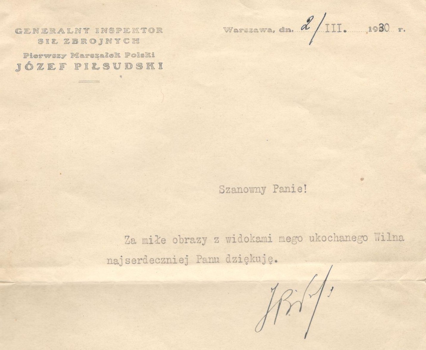 2572 ahsid – list generalnego inspektora sił zbrojnych marszałka józefa piłsudskiego do malarza ignacego pinkasa, 1930 r.