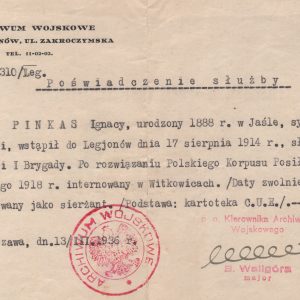 2588 ahsid – zaświadczenie o służbie ignacego pinkasa w legionach polskich, 1936 r.