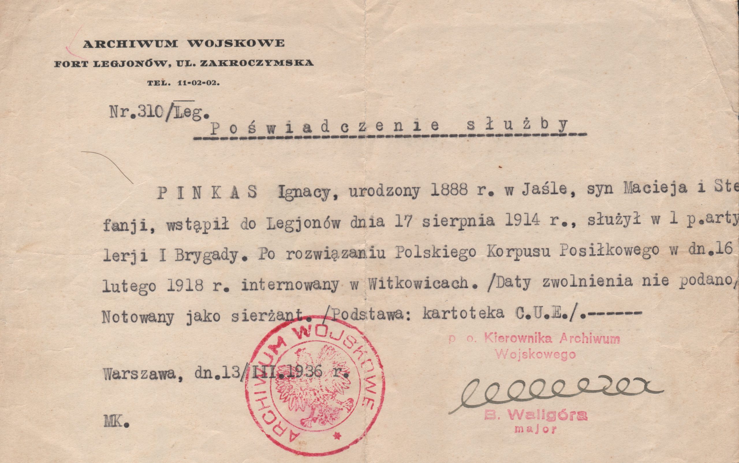 2588 ahsid – zaświadczenie o służbie ignacego pinkasa w legionach polskich, 1936 r.