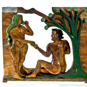 263 etnografia - adam i ewa w raju, płaskorzeźba wykonana przez władysława chajca z kamienicy górnej, 1967 r., wys. 43,5 cm, szer. 50 cm, gł. 8 cm.