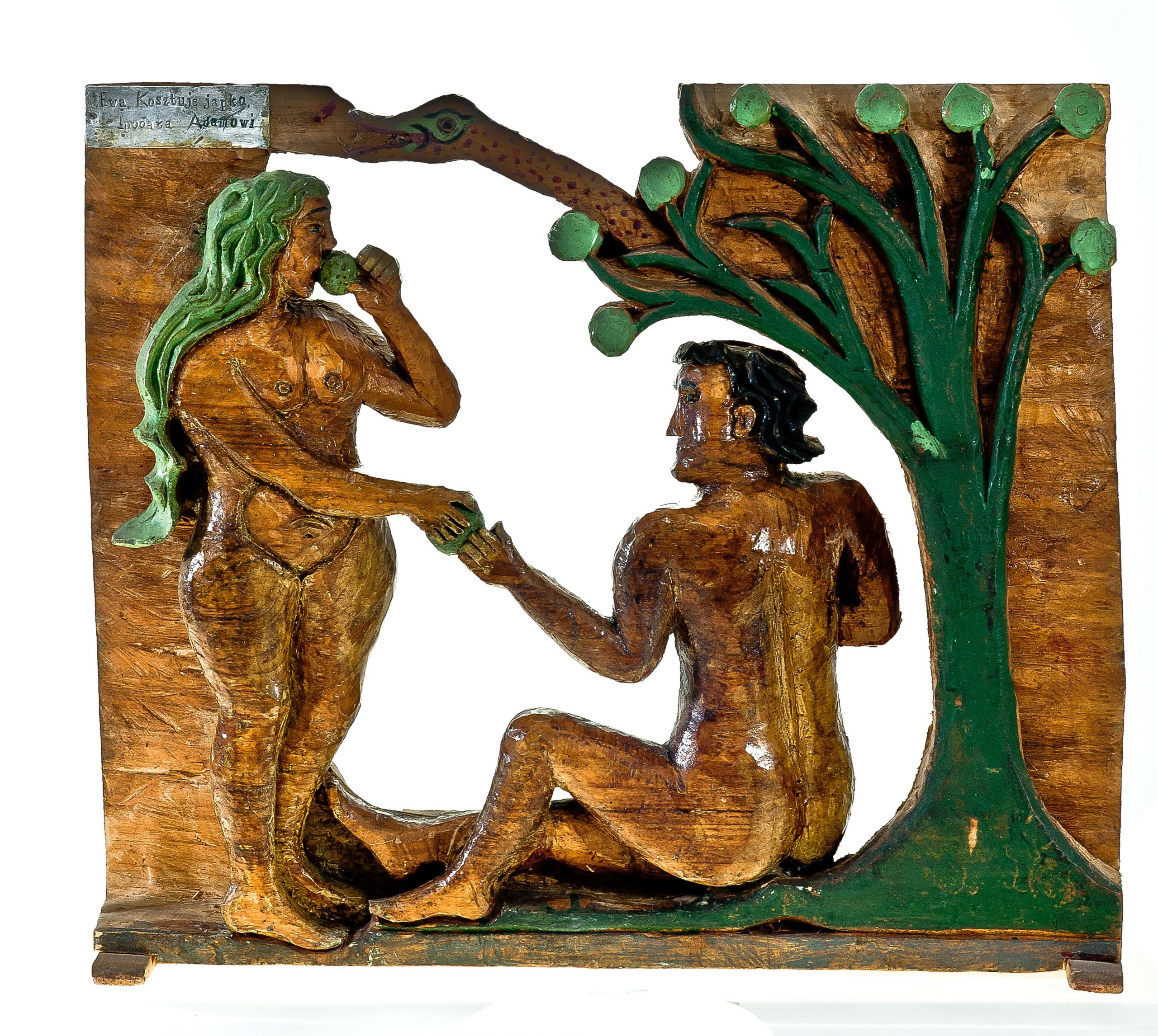 263 etnografia - adam i ewa w raju, płaskorzeźba wykonana przez władysława chajca z kamienicy górnej, 1967 r., wys. 43,5 cm, szer. 50 cm, gł. 8 cm.