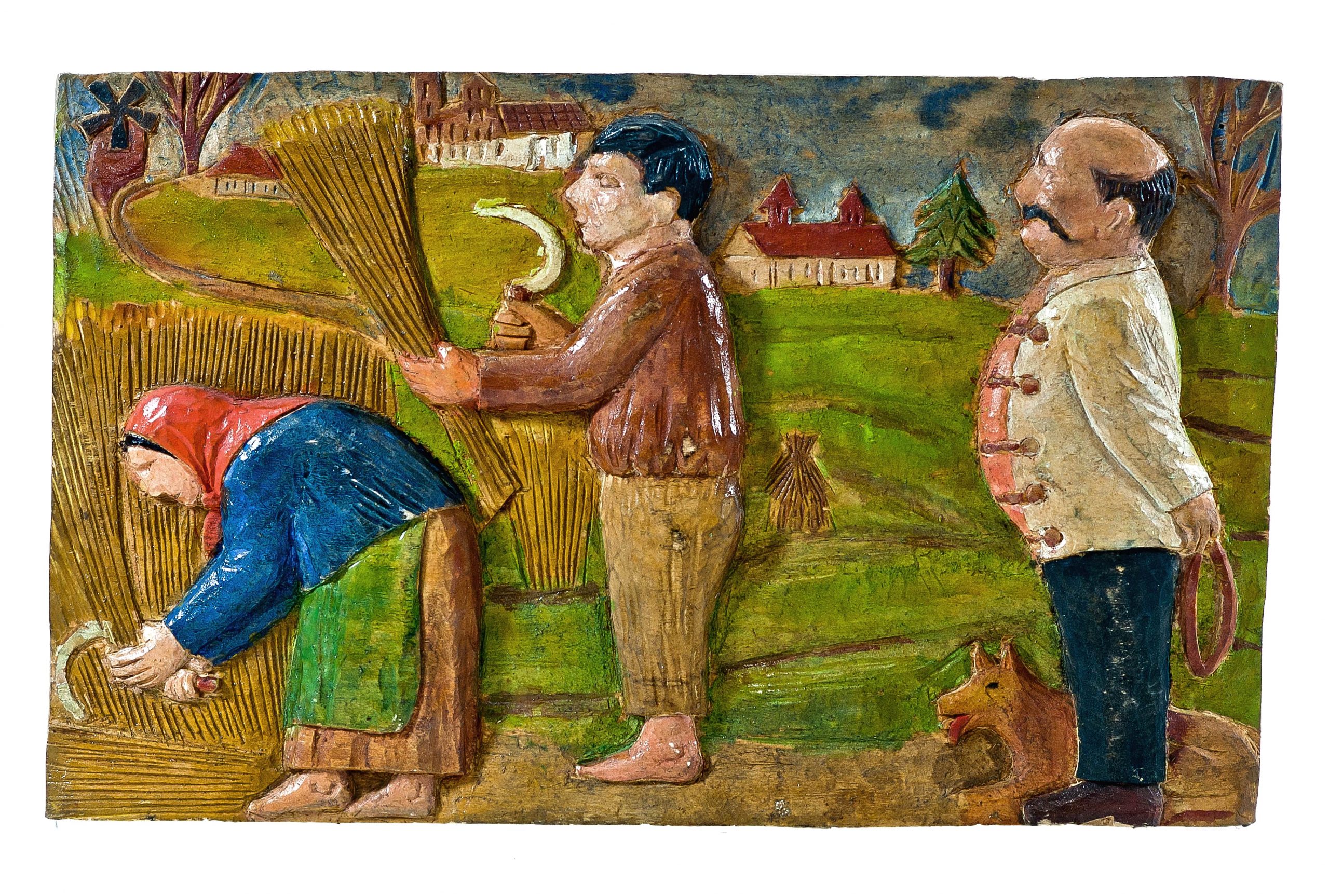 2674 etnografia - Żniwa, płaskorzeźba, autorstwa józefa krupy z błażkowej, 1980 r., wys. 24 cm, szer. 39 cm, gł. 2,7 cm -min