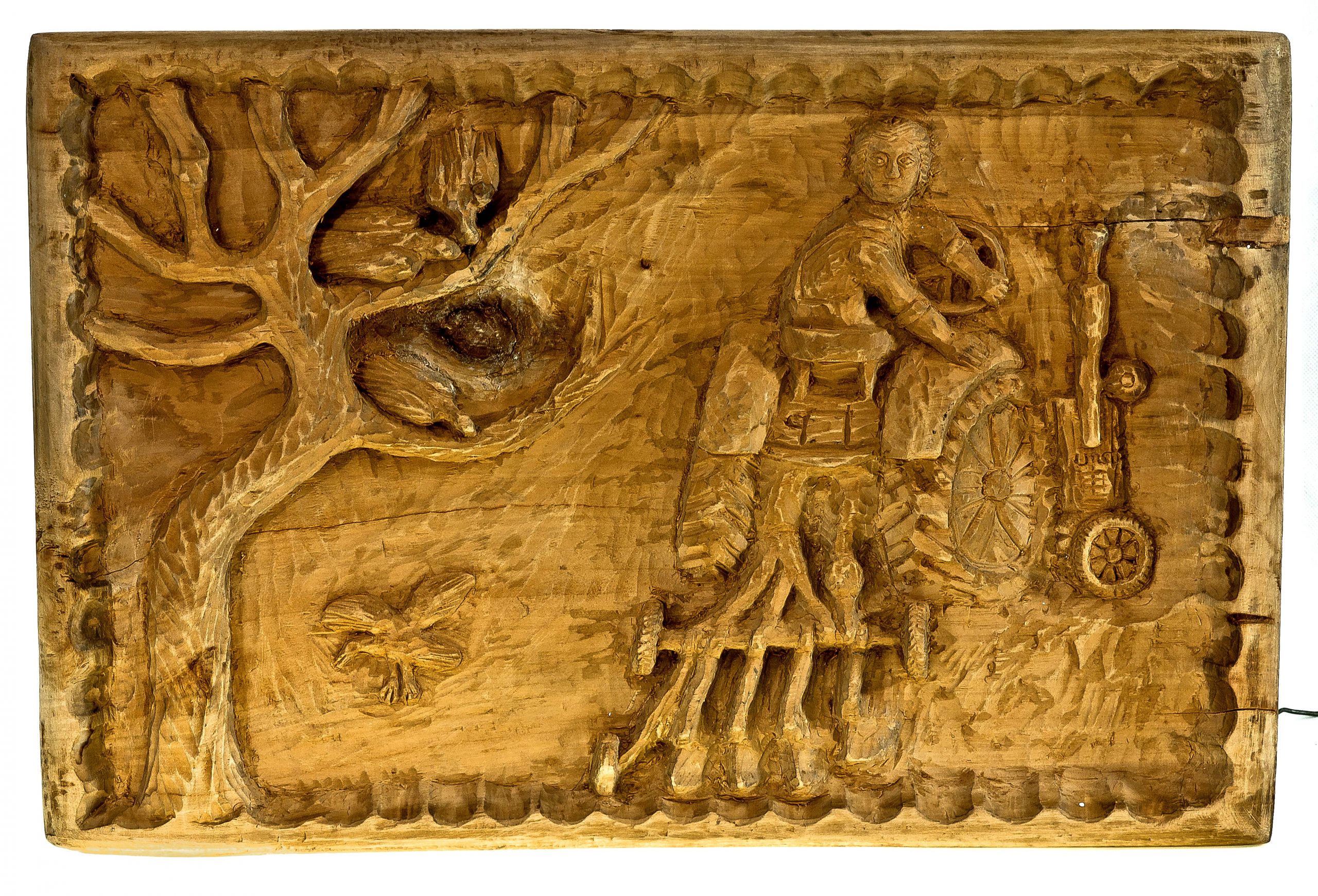 2929 etnografia - orka traktorem, płaskorzeźba, karol brej, jasło, 2001 r., wys. 33 cm, szer. 51 cm, gł. 3 cm