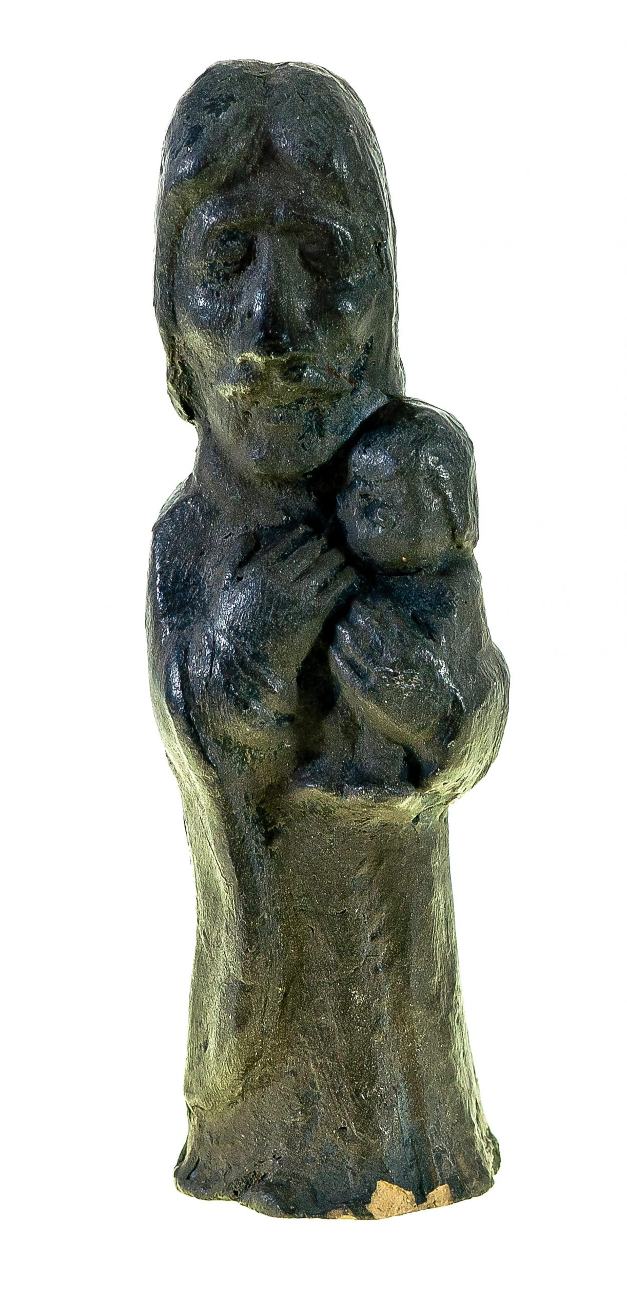 3040 etnografia - mężczyzna z dzieckiem na rękach, rzeźba ceramiczna, powiat jasielski, sprzed 1980 r., wys. 21,5 cm, szer. 6,2 cm, gł. 5,5 cm