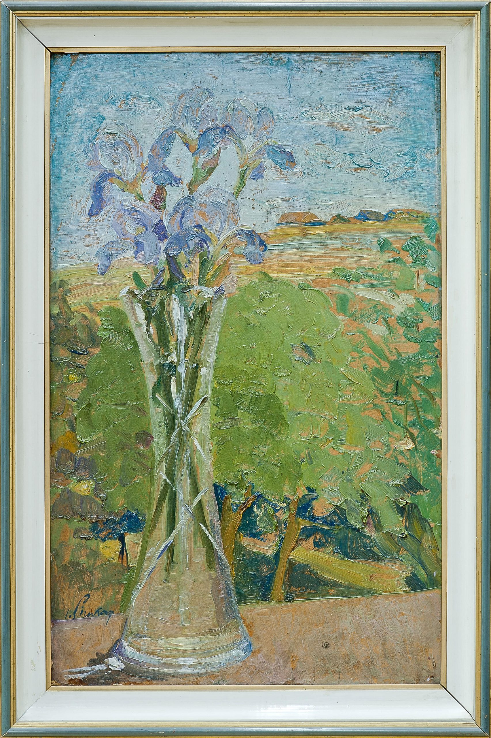 3178 AH autor Ignacy Pinkas, Irysy na tle pejzażu, olej dykta, 68x42, fot. MSz