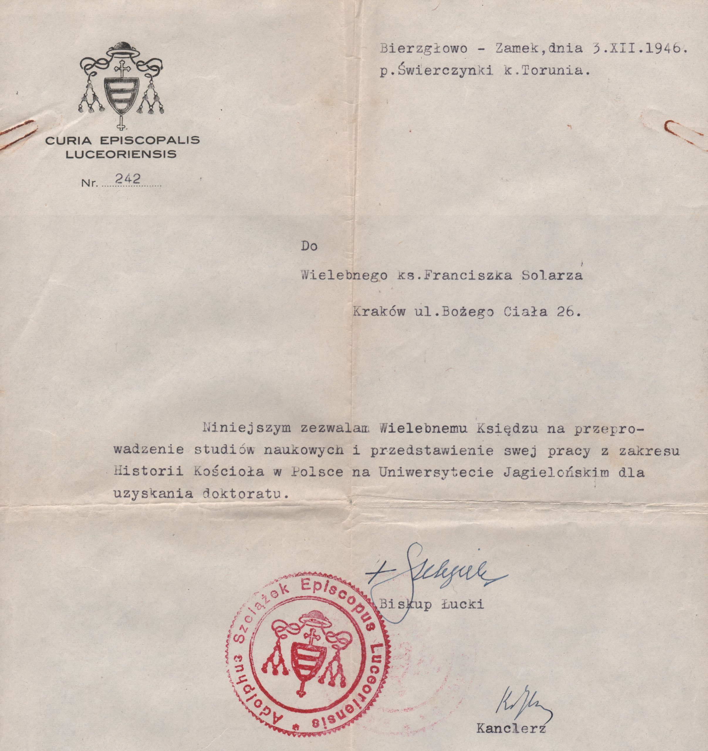 3268 ahsid – pismo bp. adolfa szelążka do ks. franciszka solarza, 1946 r.