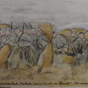 3620 ah, autor, leopold gottlieb, w drodze do okopu, litografia barwna, 1916 r. 43x33 cm