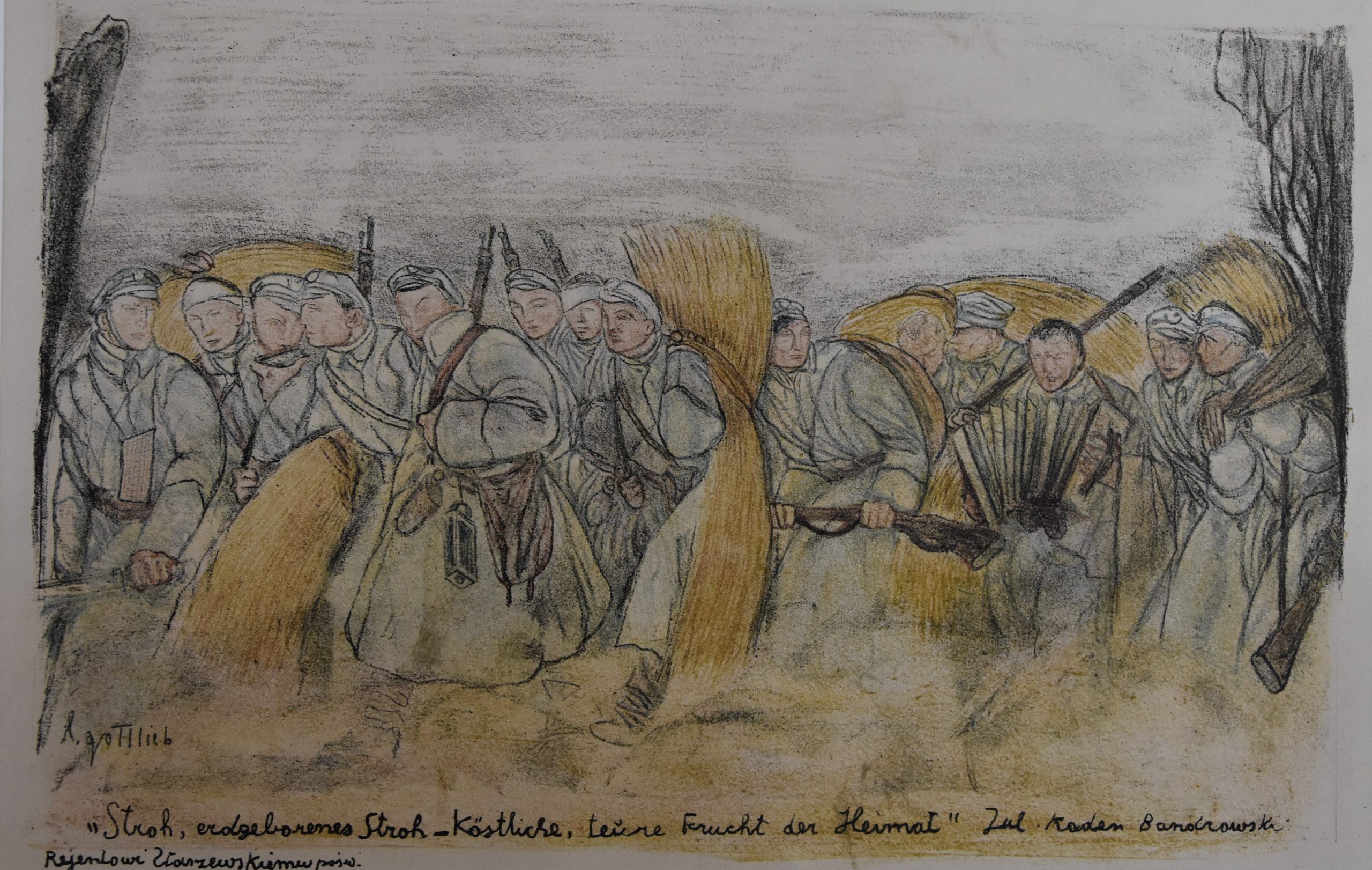 3620 ah, autor, leopold gottlieb, w drodze do okopu, litografia barwna, 1916 r. 43x33 cm