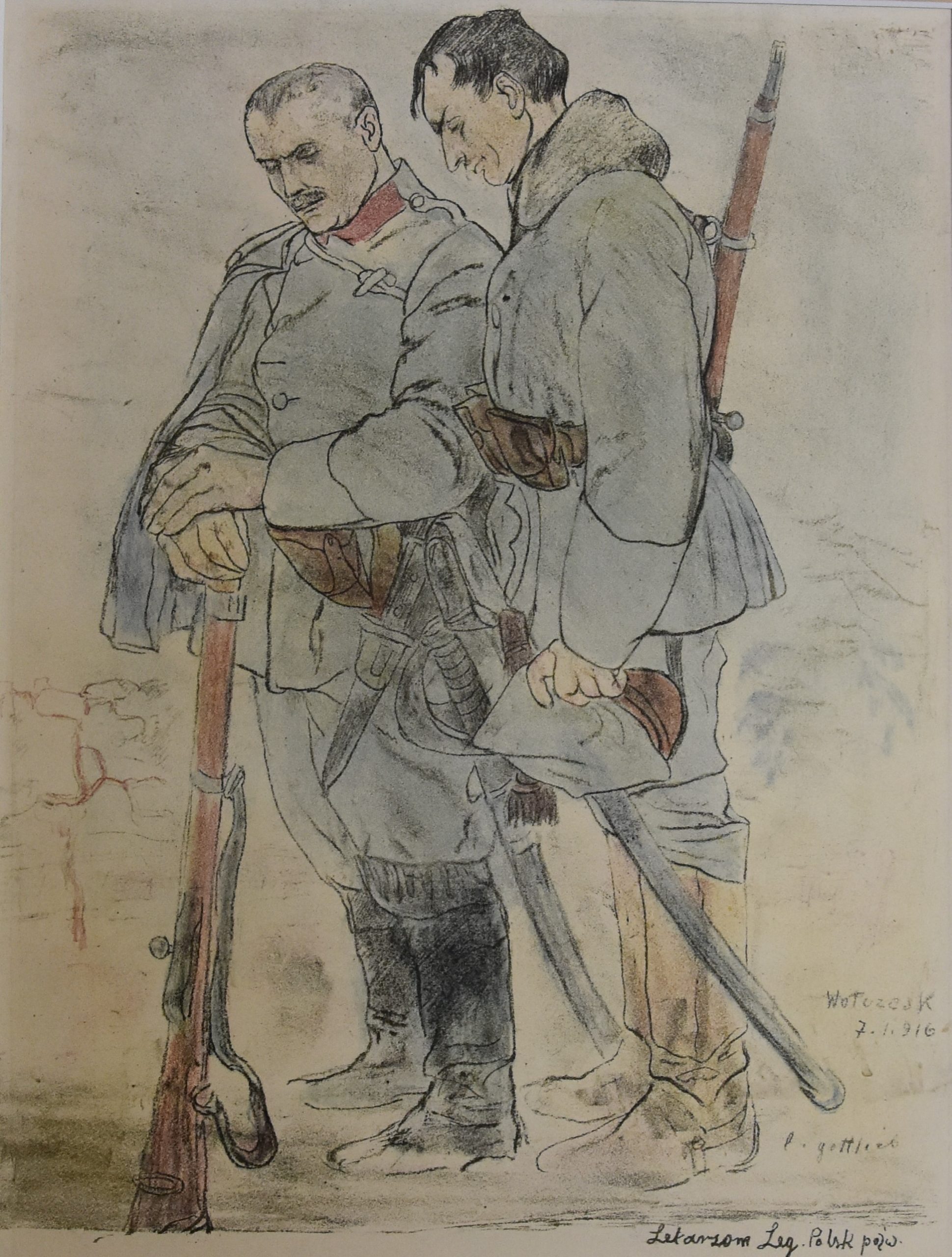 3623 ah, autor leopold gottlieb, Śpij kolego w ciemnym grobie, litografia barwna, 1916 r. 43x33 cm.