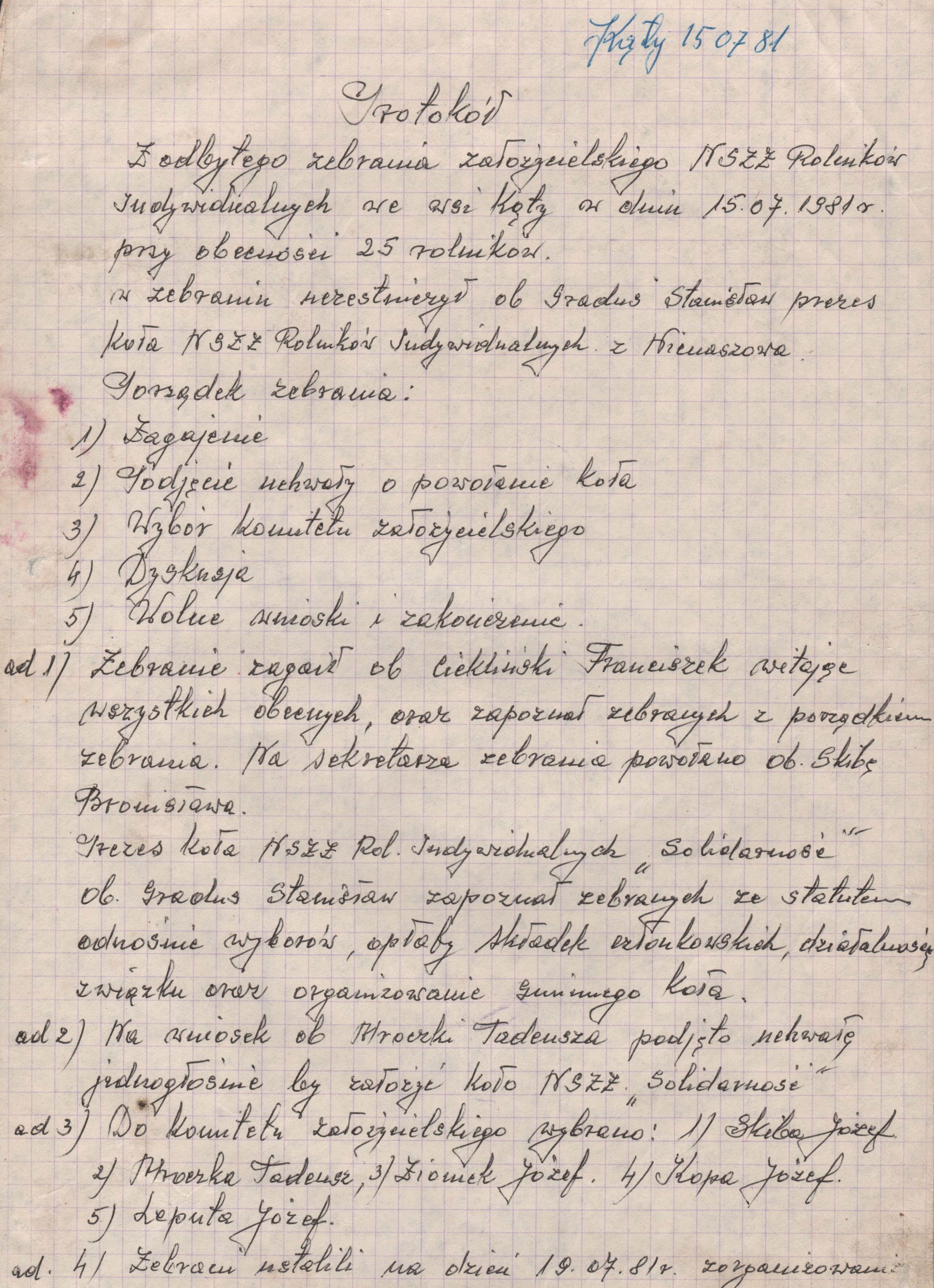 3657 ahsid – protokół zebrania założycielskiego nssz rolników indywidualnych „solidarność” w kątach, 1981 r.