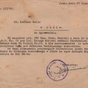 3699 ahsid pismo zarządu miejskiego w jaśle do emila kadlec w sprawie odbudowy jego domu 1945 r.