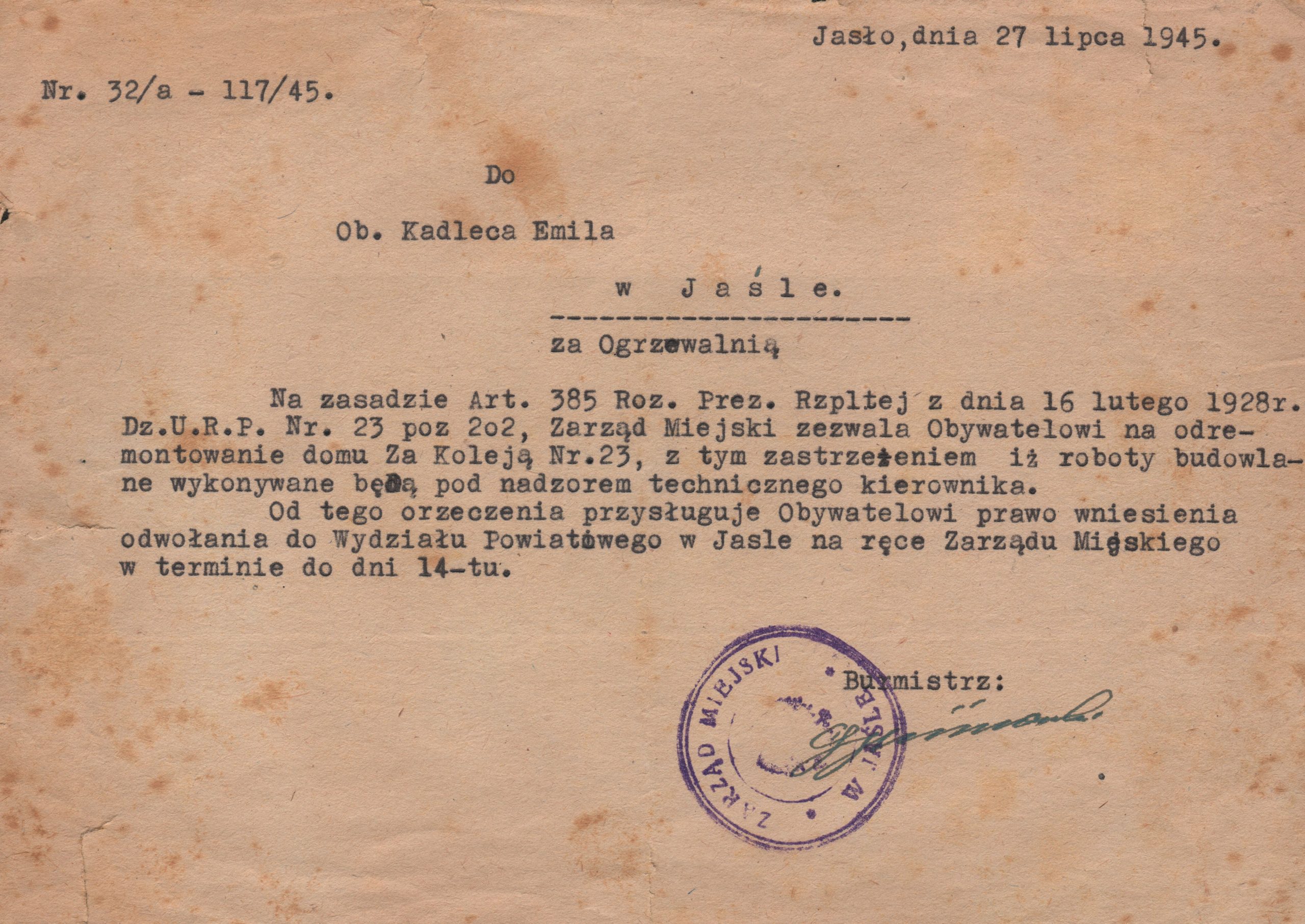 3699 ahsid pismo zarządu miejskiego w jaśle do emila kadlec w sprawie odbudowy jego domu 1945 r.