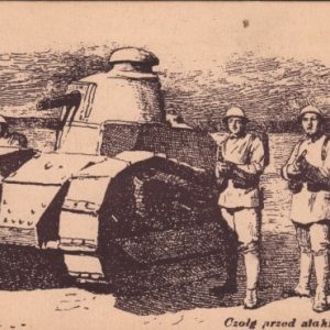 4062 ah  czołg w natarciu, pocztówka patriotyczna z cyklu obrona warszawy 1920 r.