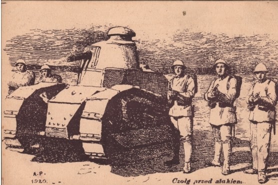 4062 ah  czołg w natarciu, pocztówka patriotyczna z cyklu obrona warszawy 1920 r.