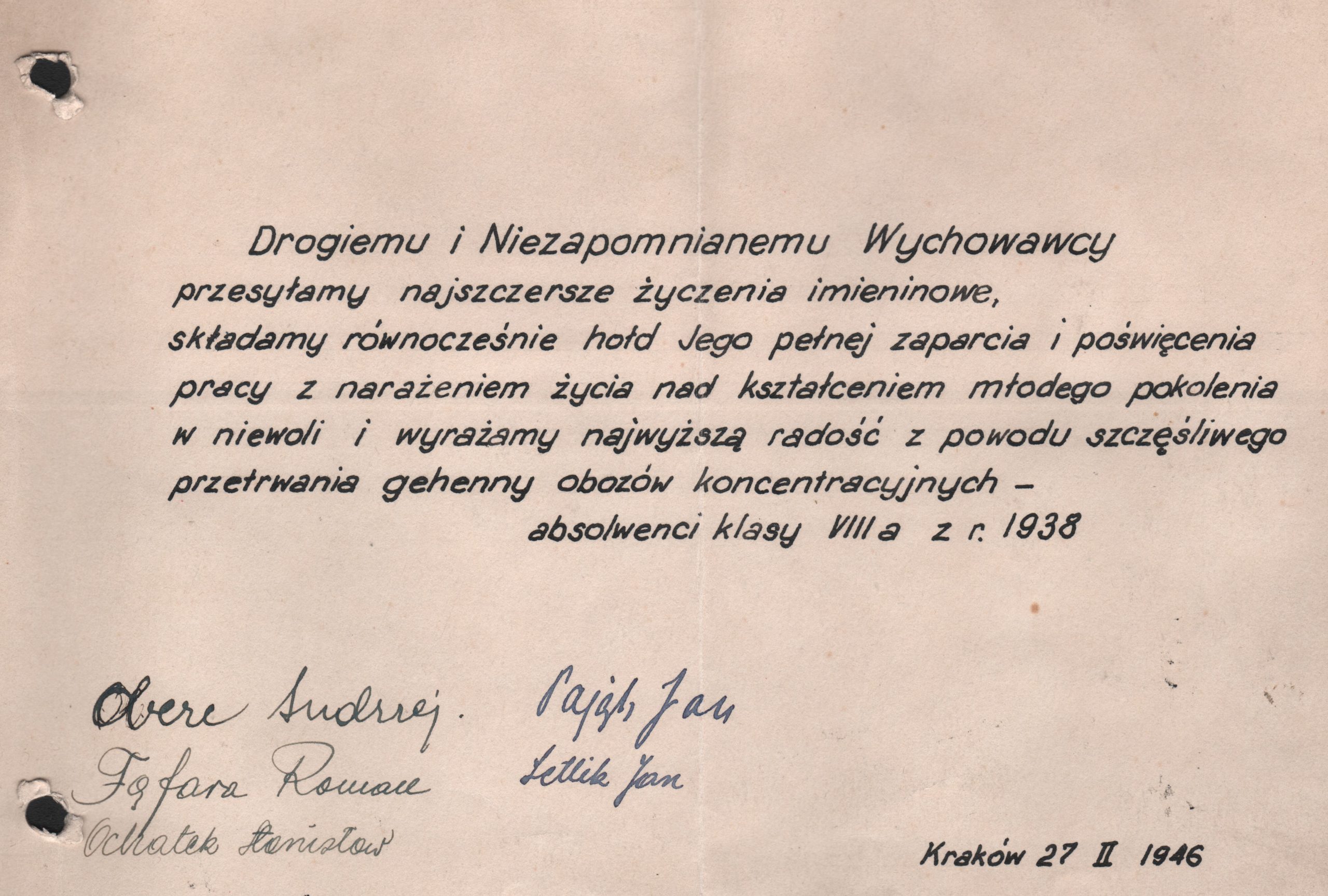 4080 ahsid – kartka z życzeniami imieninowymi dla kazimierza krajewskiego od klasy viii a z 1938 r., 1946 r.