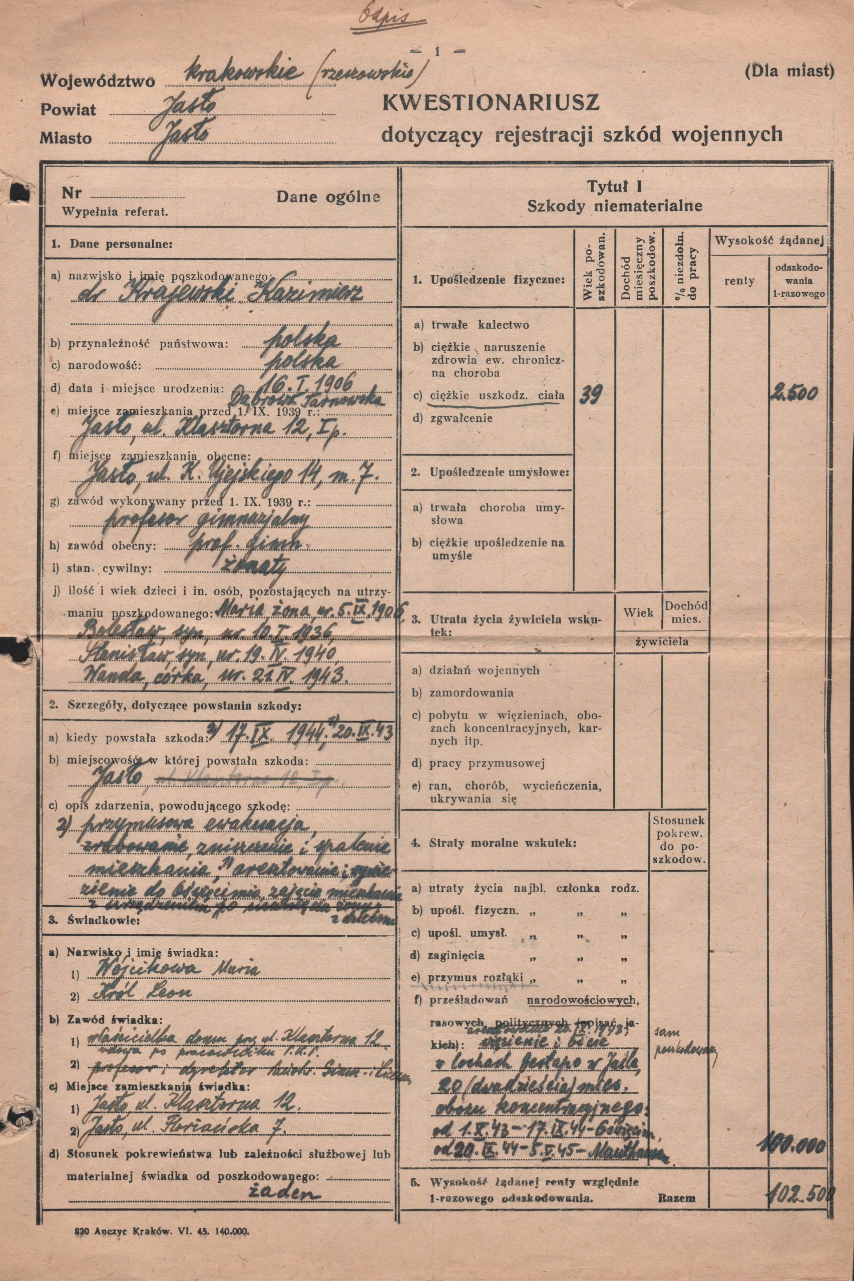 4088 ahsid – kwestionariusz dotyczący szkód wojennych kazimierza krajewskiego, 1945 r.