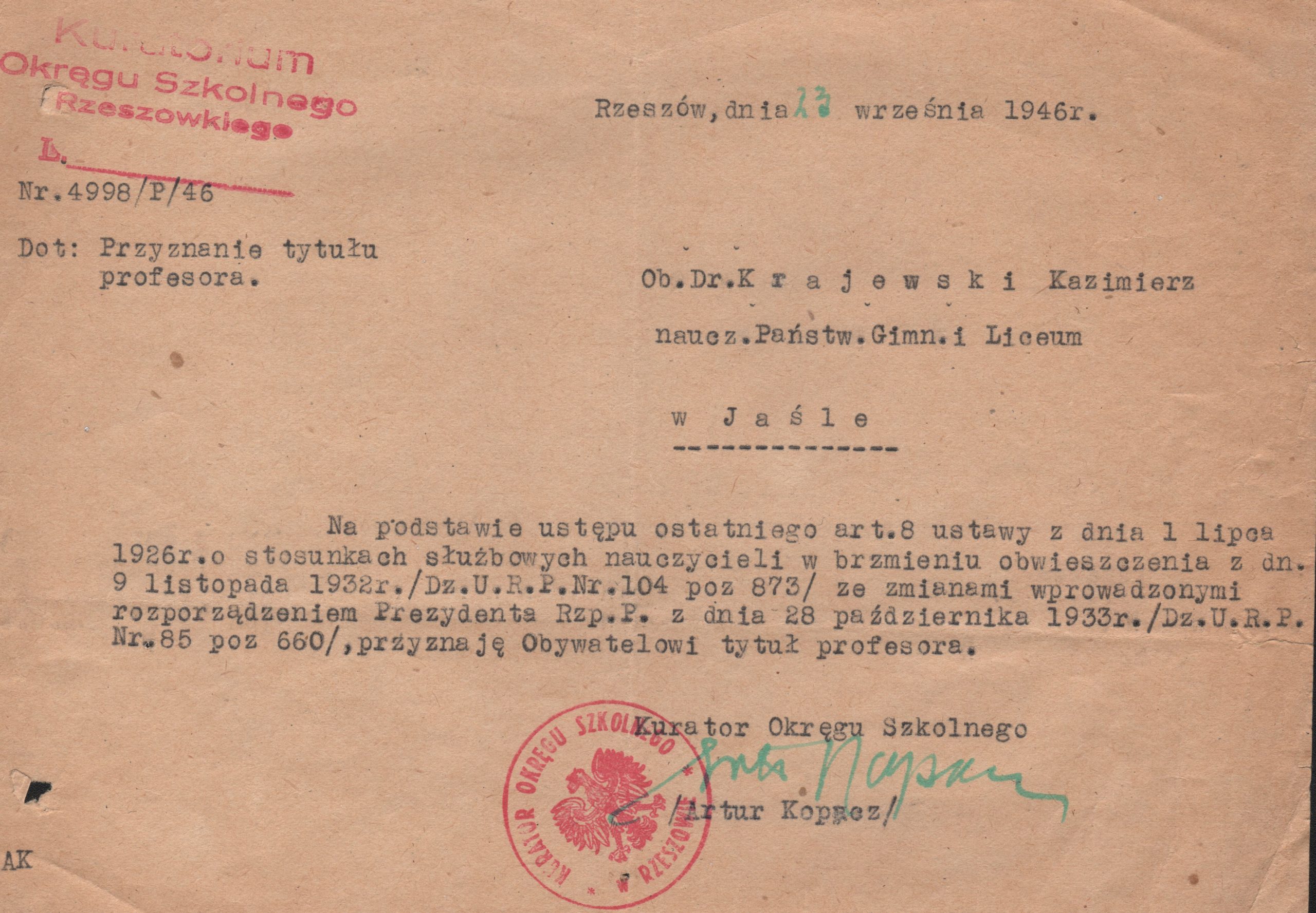 4107 ahsid – decyzja o nadaniu kazimierzowi krajewskiemu tytułu profesora, 1946 r.