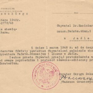 4108 ahsid – decyzja kuratorium rzeszowskiego o powołaniu kazimierza krajewskiego na p.o. dyrektora gimnazjum jasielskiego, 1948 r.