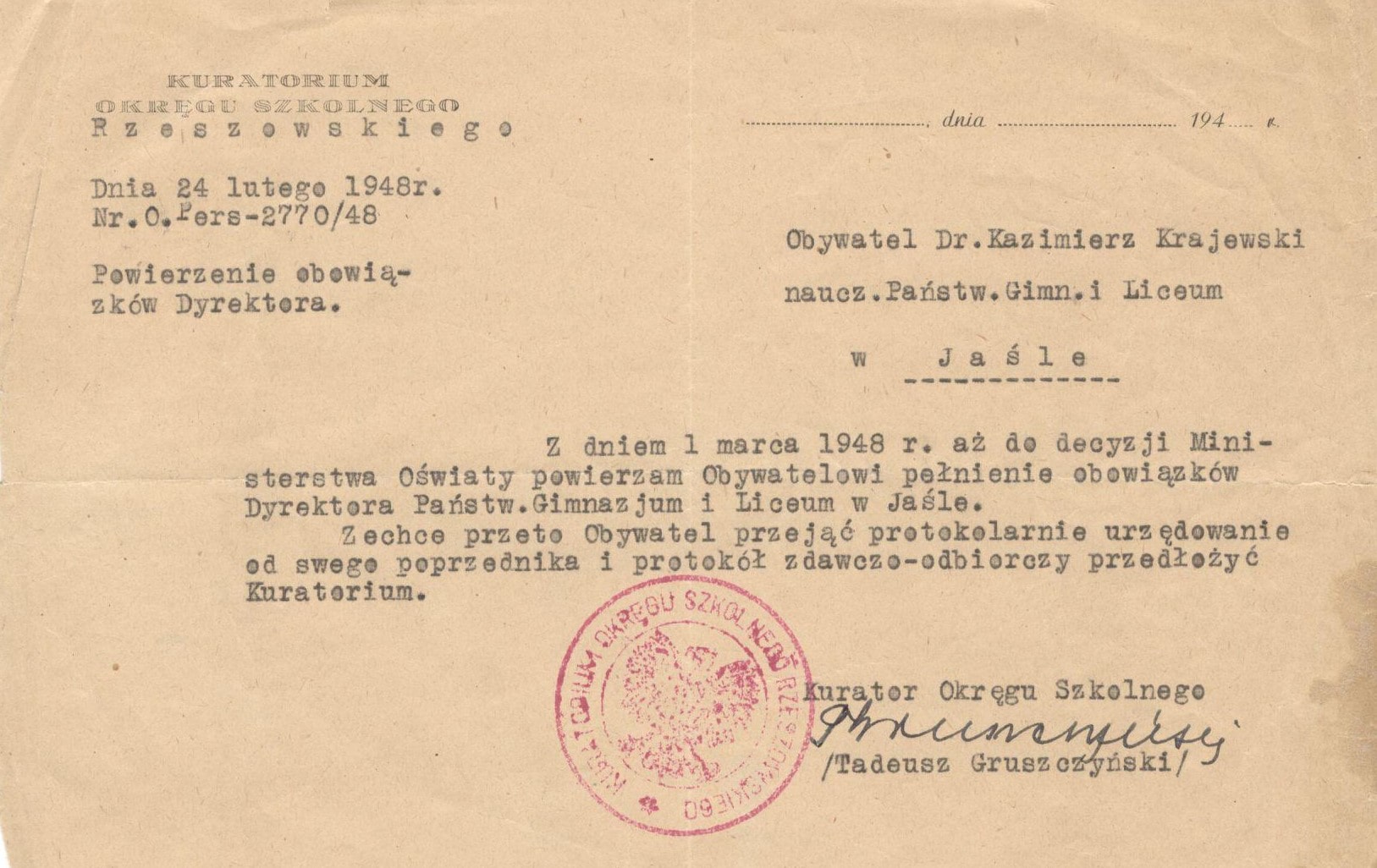 4108 ahsid – decyzja kuratorium rzeszowskiego o powołaniu kazimierza krajewskiego na p.o. dyrektora gimnazjum jasielskiego, 1948 r.