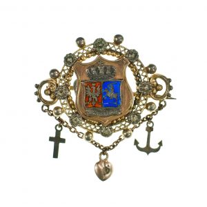 422 ah biżuteria patriotyczna, brosza z herbem polski i litwy w ażurowej oprawie z symbolami wiara nadzieja miłość, xix w.
