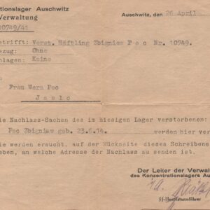 4319 ahsid – zawiadomienie kl auschwitz w sprawie śmierci zbigniewa peca, 1941 r.