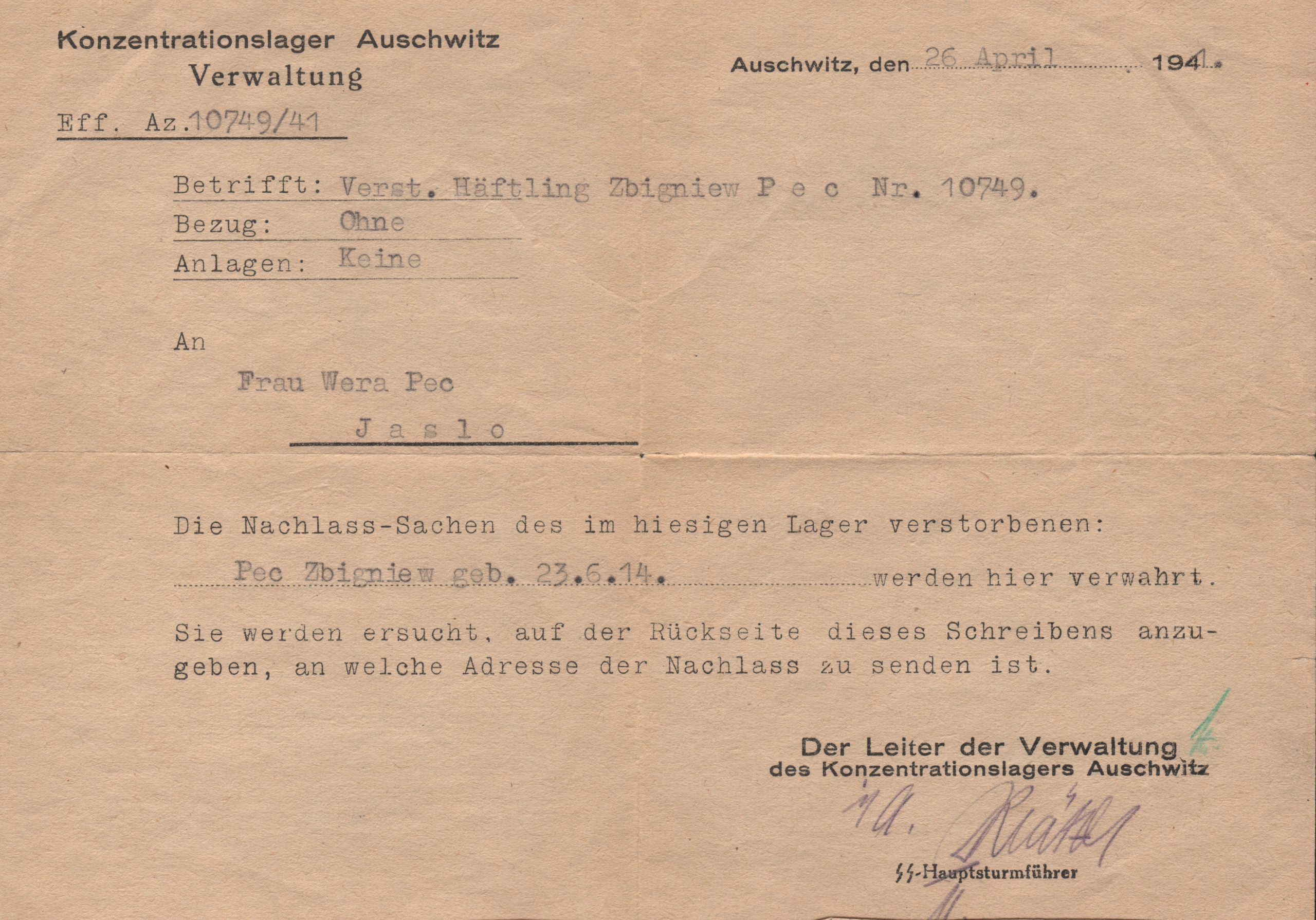 4319 ahsid – zawiadomienie kl auschwitz w sprawie śmierci zbigniewa peca, 1941 r.