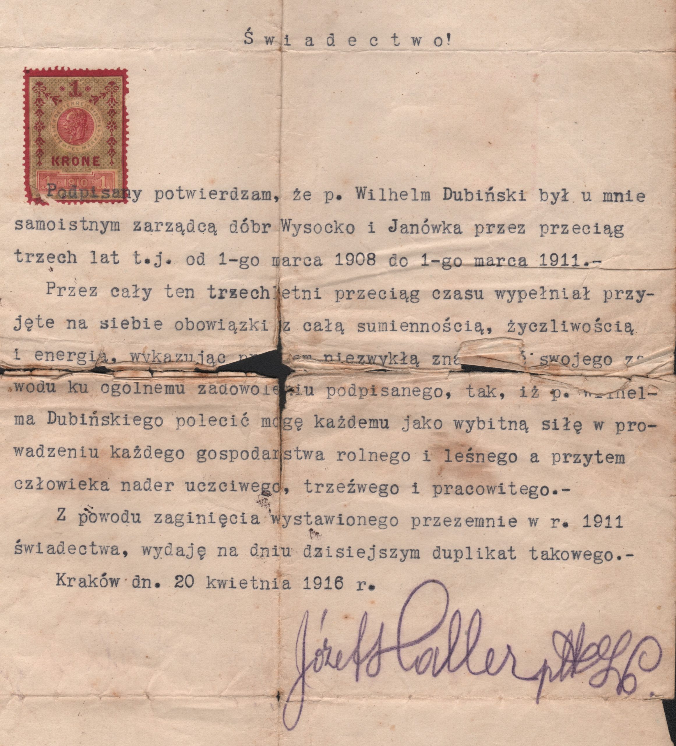 4324 ahsid – zaświadczenie dla wilhelma dubińskiego wydane przez płk. józefa hallera, 1916 r.