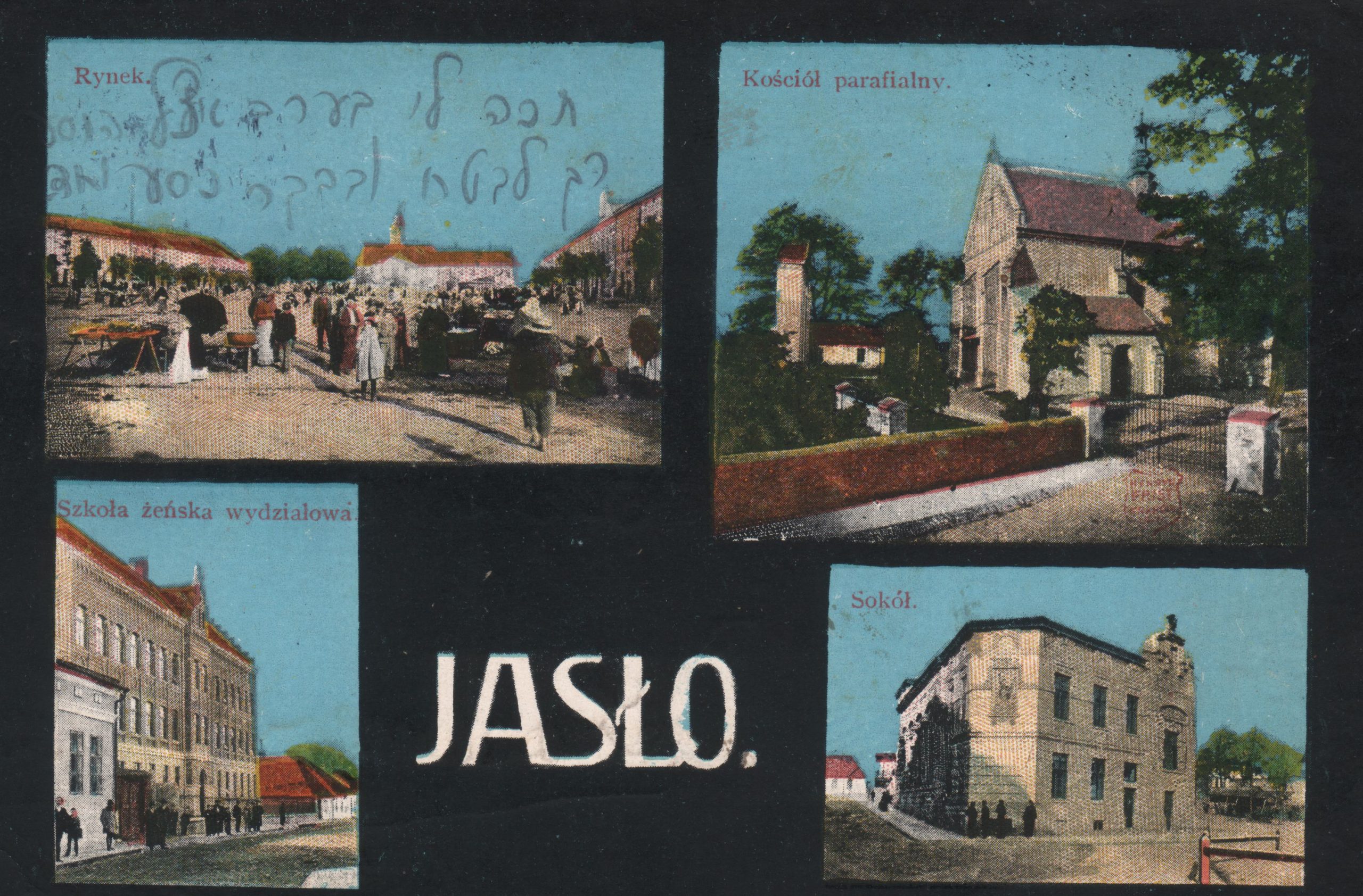 4345 ahsid – pocztówka cztero obrazkowa z jasła. pocz xx w. rynek, fara, szkoła żeńska wydziałowa, sokół.