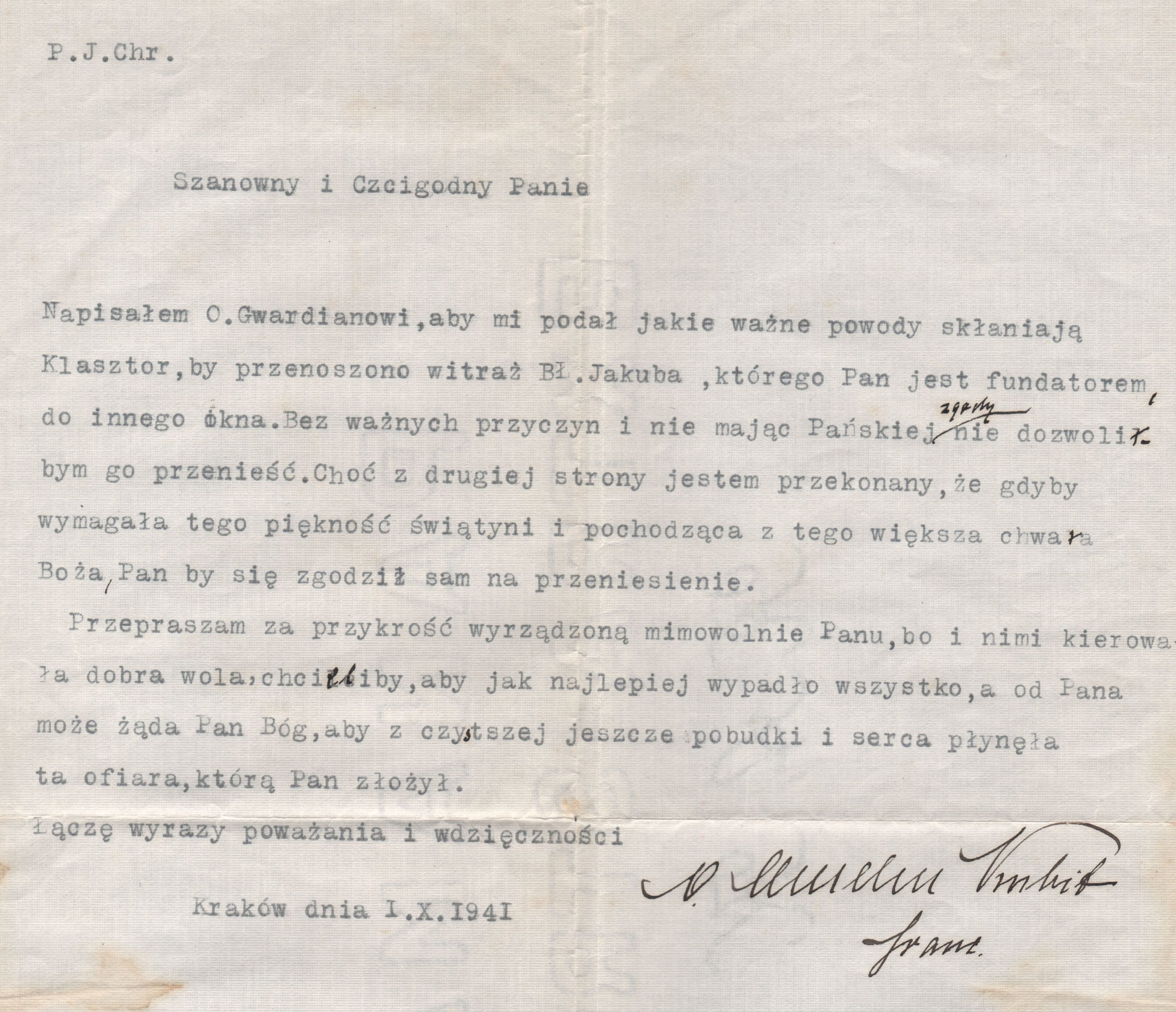 4380 – list prowincjała franciszkanów konwentualnych w sprawie przeniesienia witraża bł. jakuba, 1941 r.
