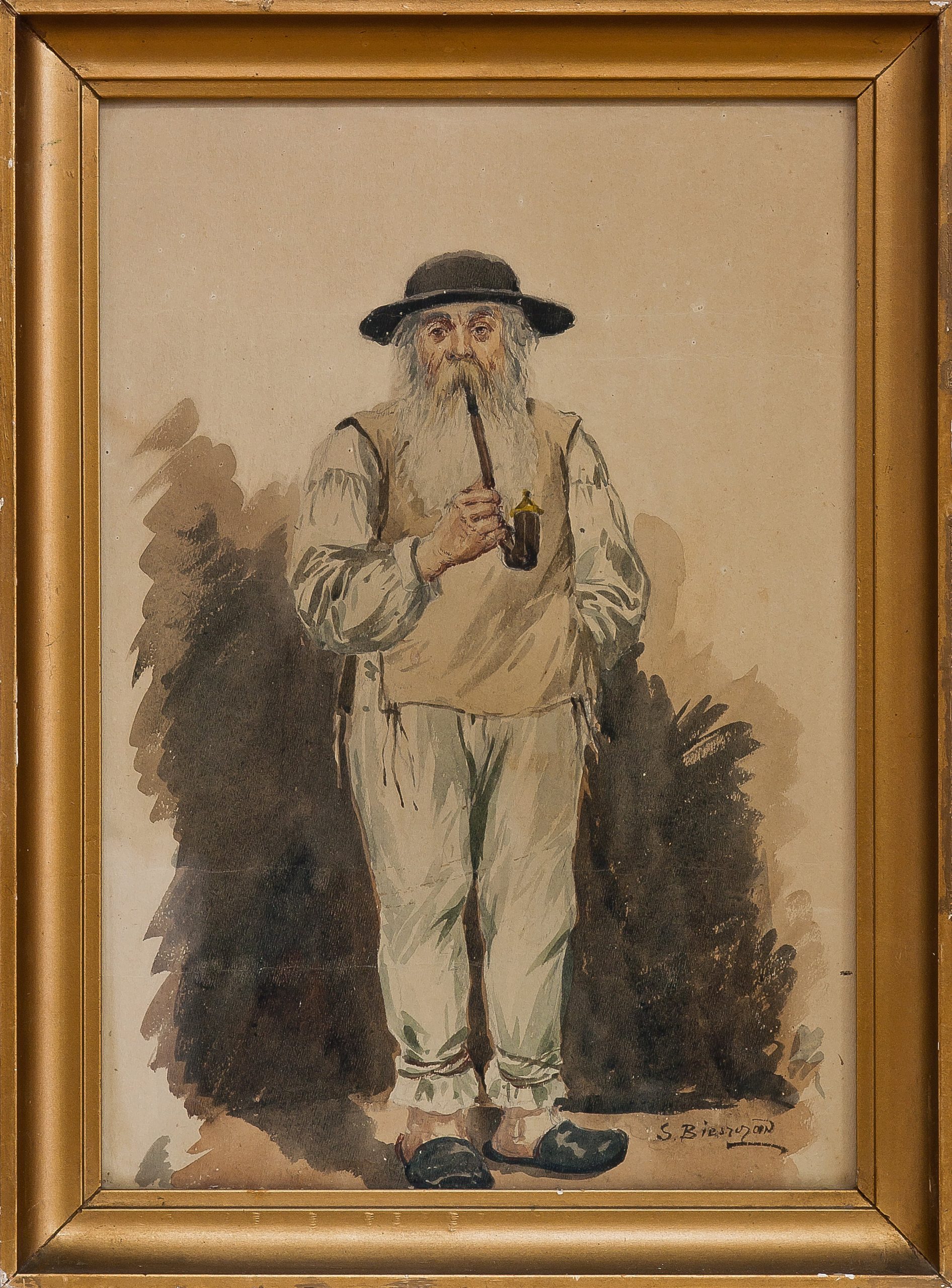 4682 ah akwarela, starzec z fajką, autor seweryn bieszczad, xix-xx w. 42x22 cm.