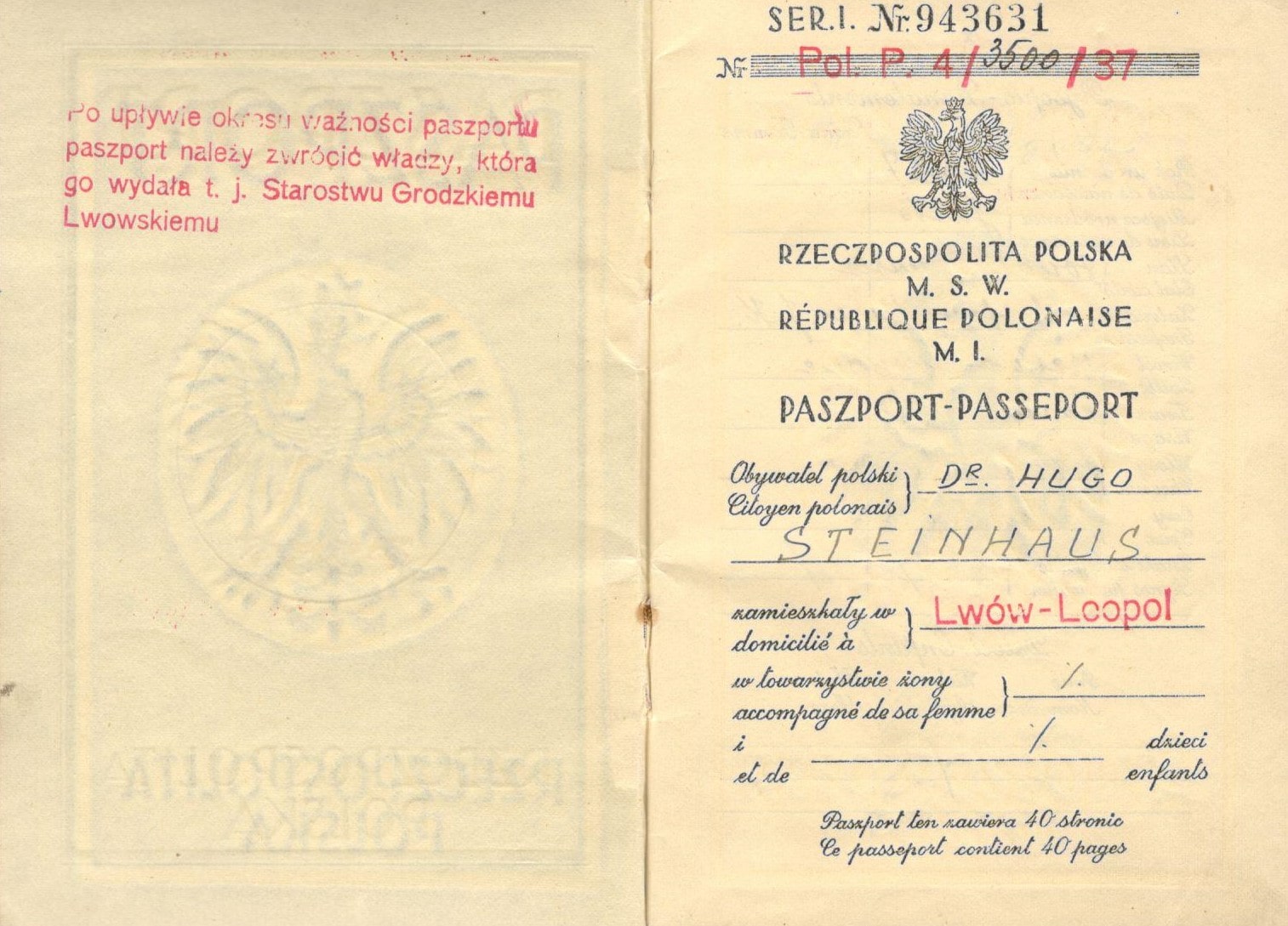 534 ahsid – paszport hugona steinhausa wydany przez starostwo grodzkie we lwowie,1937 r.