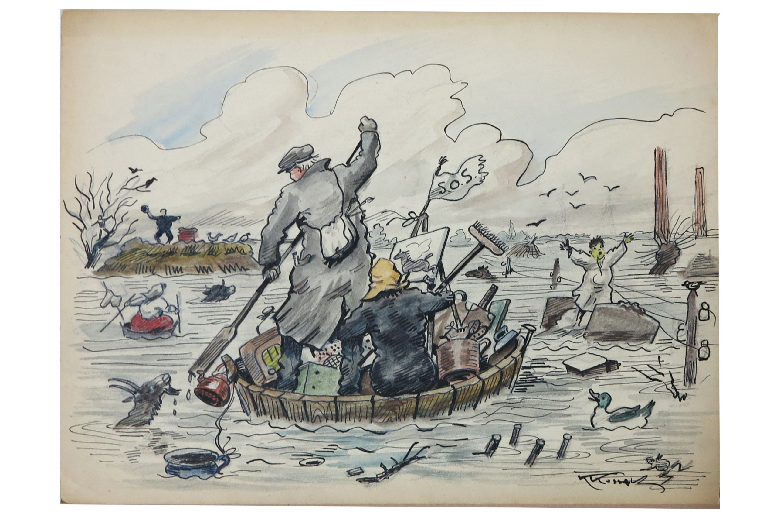 5407 ah  autor karol kossak, powódź, akwarela, po 1945 r.