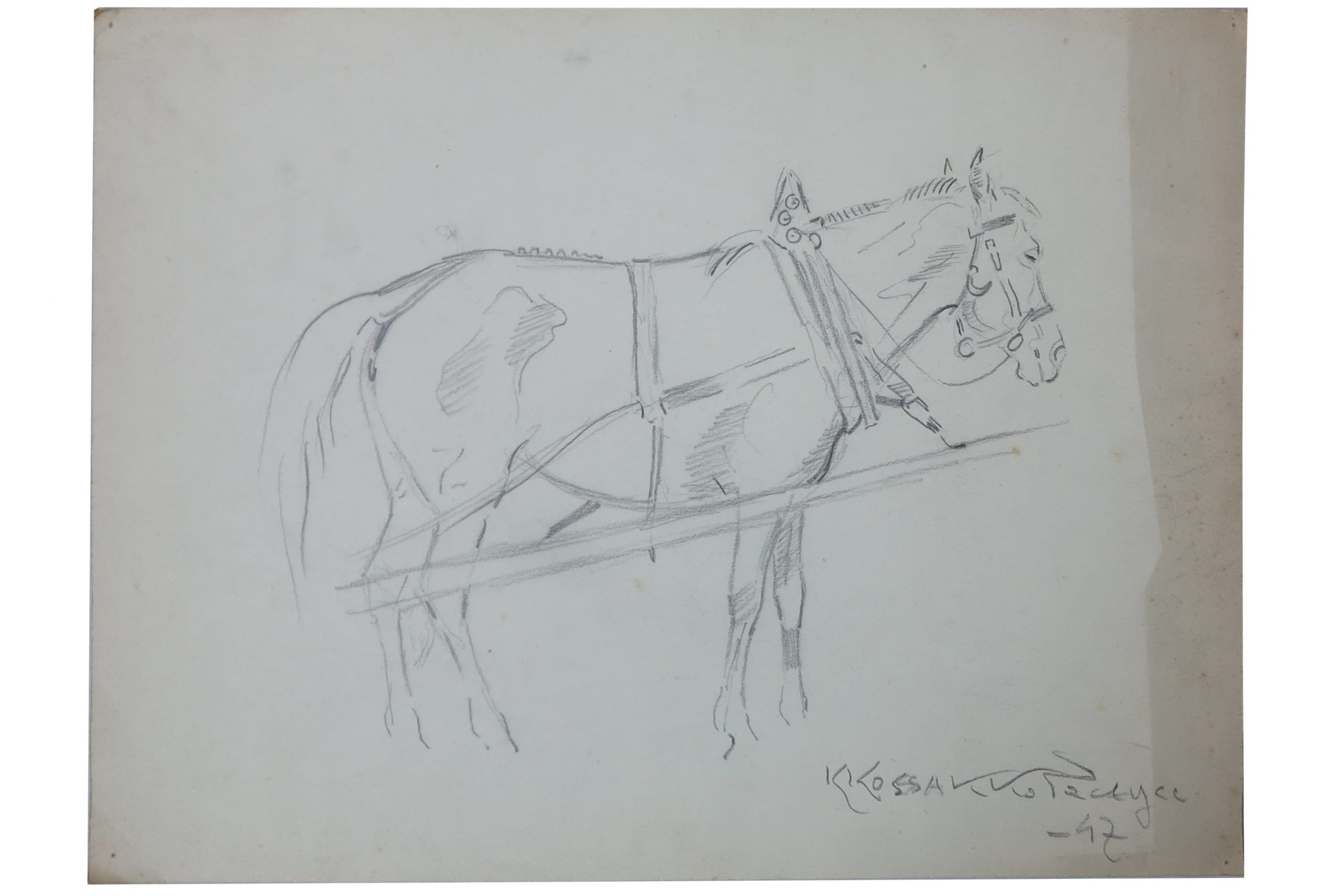 5408 ah  autor karol kossak, koń przy dyszlu. 1947 r. 20x30 cm.