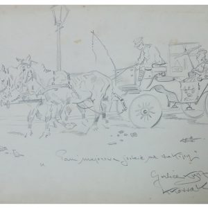 5409 ah autor karol kossak, pani majorowa jedzie na zakupy, rys. węglem 1947 r. gorlice 20x30 cm.