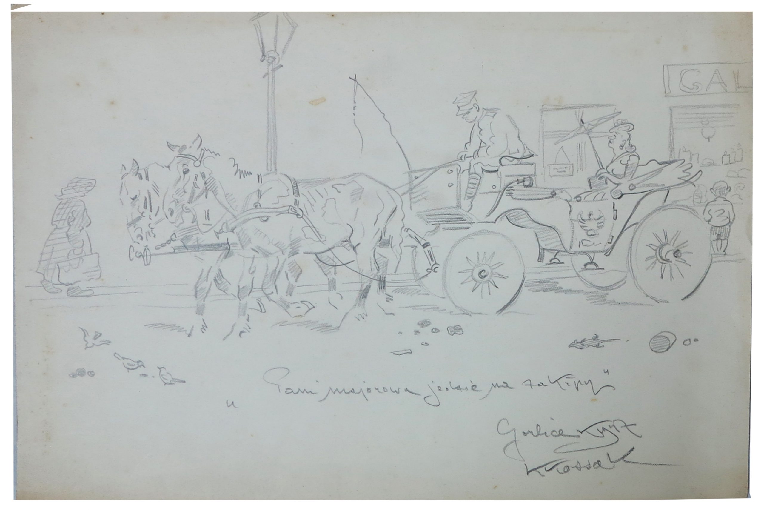 5409 ah autor karol kossak, pani majorowa jedzie na zakupy, rys. węglem 1947 r. gorlice 20x30 cm.